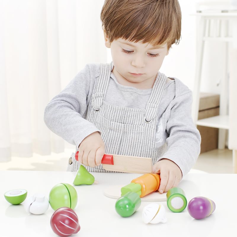 Velcro Wooden Play Food Set for Kids - Pretend Fruits & Vegetables for Play Kitchen, Early Learning Toys for Toddlers 3+ Years Old - Perfect for Role Play, Cooking Games & Educational Fun for Boys & Girls