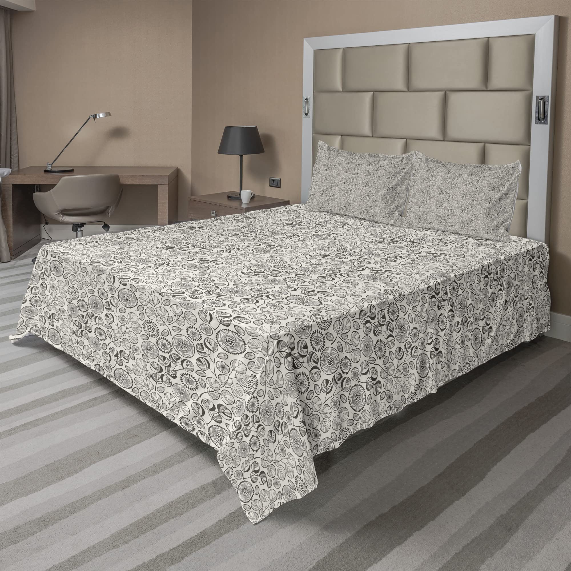 Ambesonne Floral Sheet Set 4-Piece King Size - Vintage Monochrome Abstract Flowers & Leaves Design, Dark Sepia Eggshell - Fitted Sheet, Flat Sheet & 2 Pillowcases | Perfect for Master Bedroom, Guest Room & Bohemian Home Decor