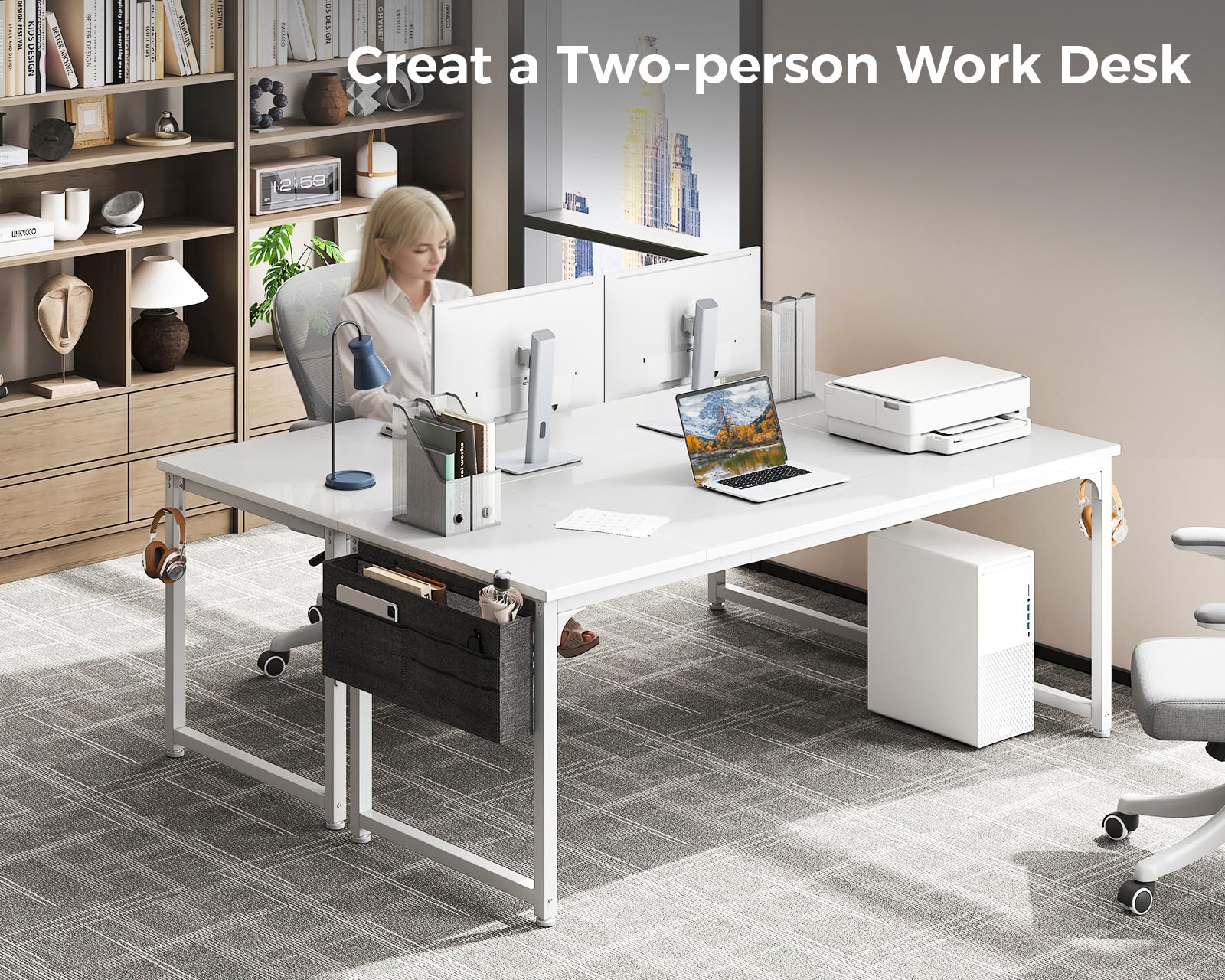 63 Inch ODK Large Computer Desk with Storage | Modern Office & Gaming Desk for Home | PC Work Table with Headphone Hook & Splice Board | White & White Leg | Perfect for Remote Work, Gaming Setup & Home Office