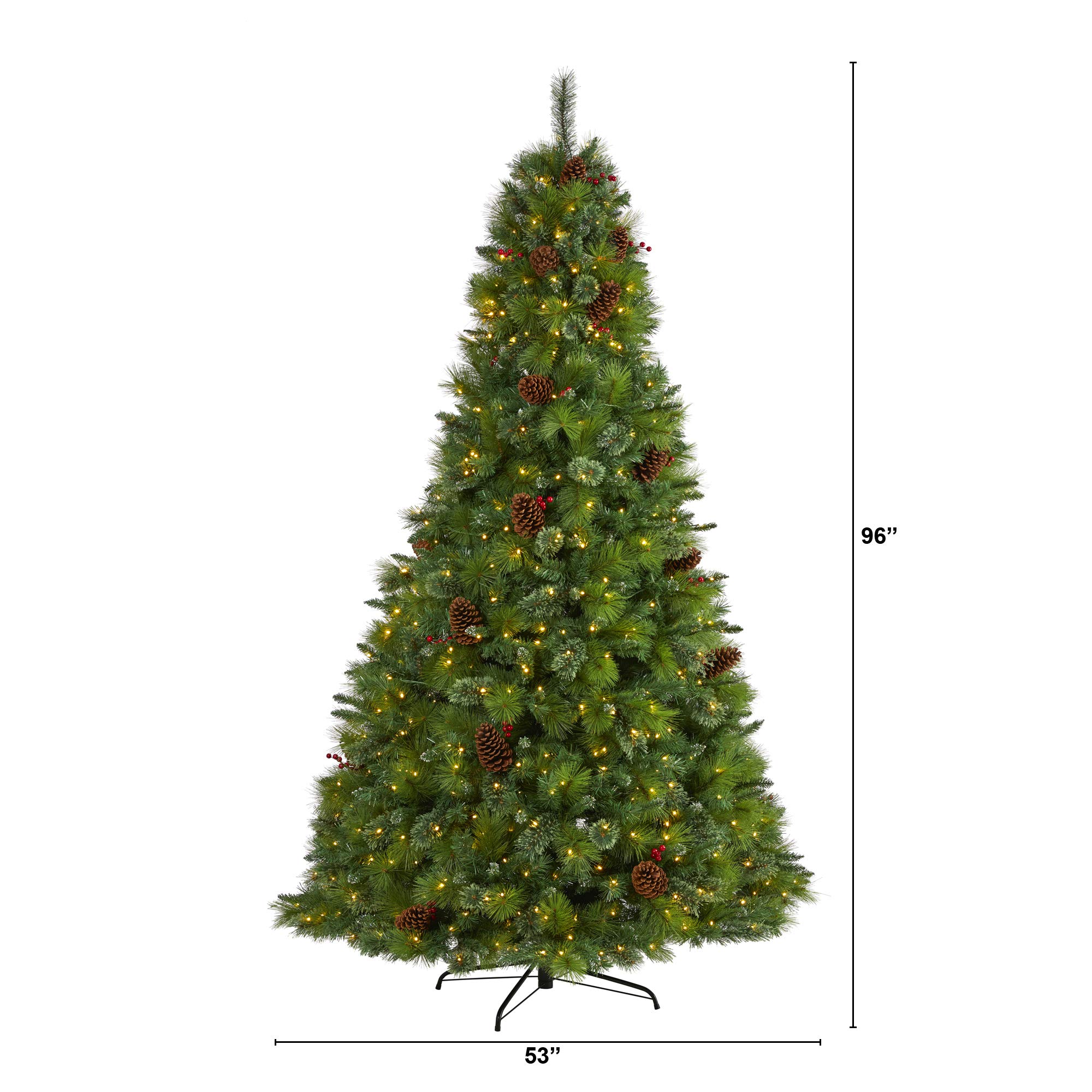 Nearly Natural 8ft Montana Mixed Pine Artificial Christmas Tree with Pine Cones, Berries & 700 Clear LED Lights - Perfect for Holiday Home Decor, Office Christmas Party & Festive Indoor Decoration