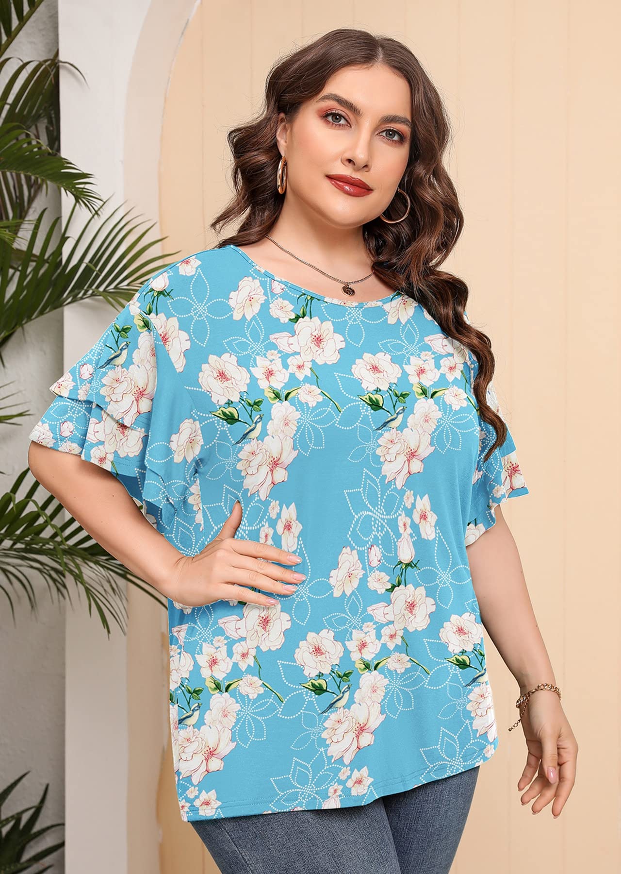 Plus Size Tunic for Women - AusLook Double Ruffle Short Sleeve Blouse | Loose Fit Flowy Summer Top | Casual Wear, Office Outfits & Vacation Clothing