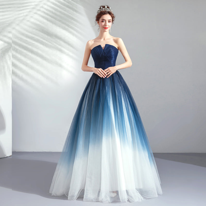Blue Gradient A-Line Skirt Strapless Light Yarn Romantic Evening Dress for Women | Elegant Party Gown for Prom, Cocktail, Wedding Guest & Special Occasions