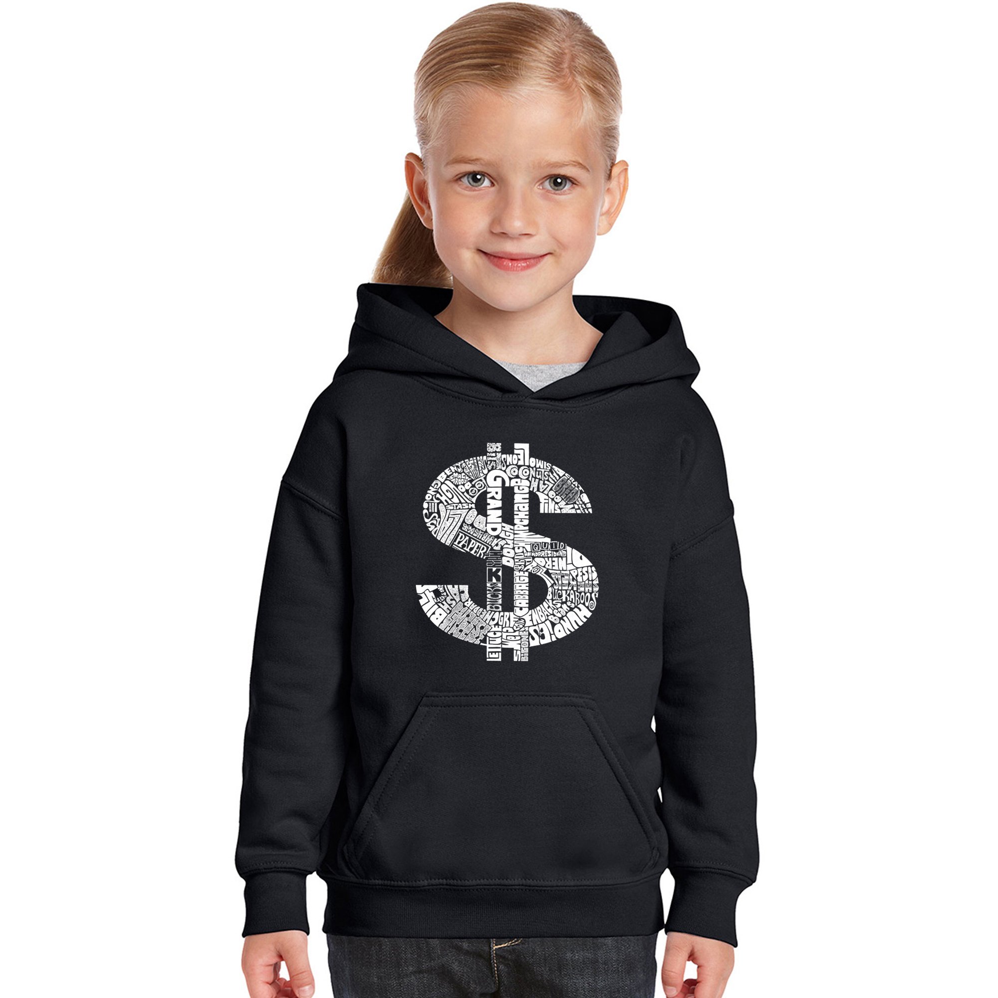 LA POP ART Girl's Word Art Hooded Sweatshirt with Dollar Sign Design | Trendy Graphic Pullover for Teens | Perfect for Streetwear Fashion & Casual Outfits