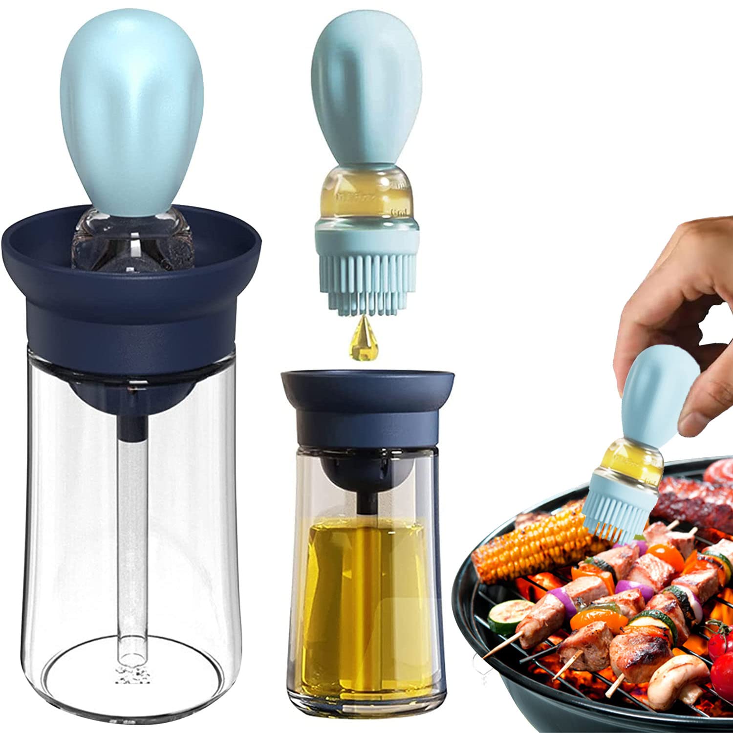 Premium Glass Olive Oil Dispenser Bottle with Silicone Brush - 2-in-1 Kitchen Essential with Measuring Dropper for Cooking, Baking & BBQ - Perfect for Home Chefs & Outdoor Grilling (Blue)