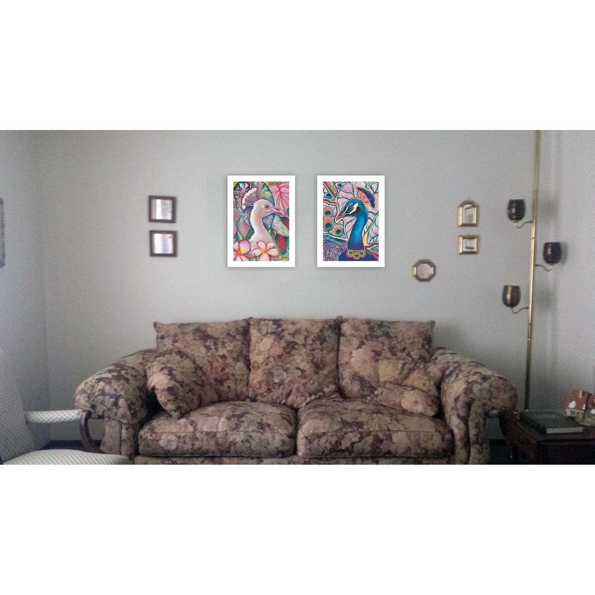 Avant Guard Peacocks 2-Piece Vignette Wall Art by Eve Wheeler - White Framed Canvas Paintings for Living Room & Bedroom Decor