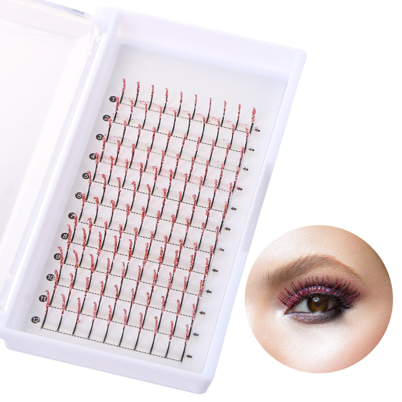 UHOMENY Glitter False Eyelashes - D Curl Single Spike Lashes for Eyelash Extensions (11-16mm Mix, Pink) | Perfect for Cosplay, Party Makeup & Dramatic Eye Looks