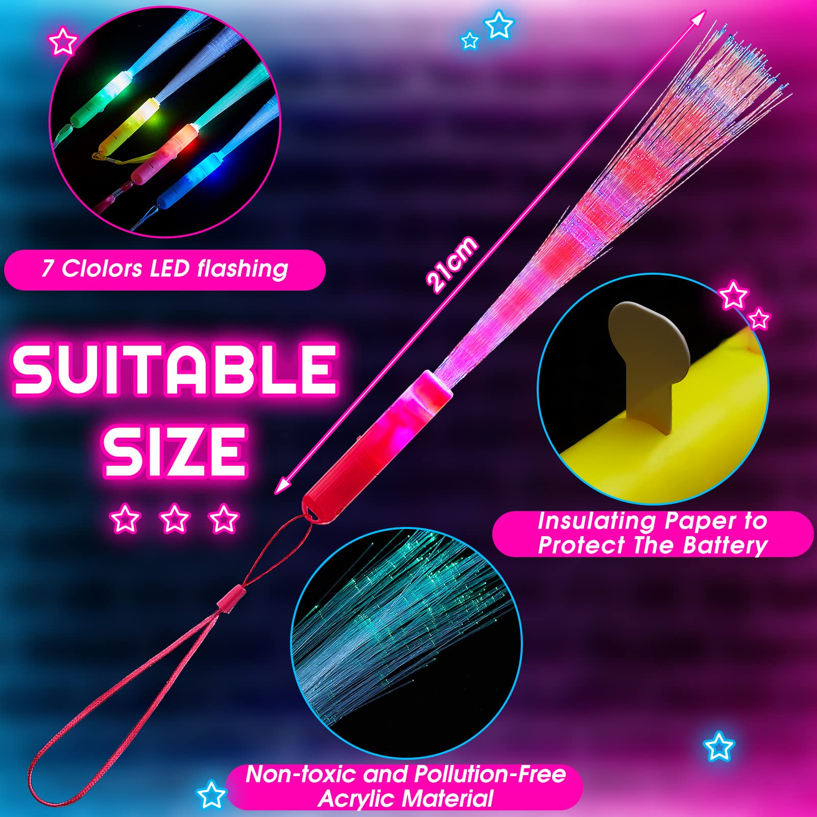 Lewtemi 300 Pcs Glow Fiber Optic Wand LED Flashing Sticks - Colorful Battery Operated Light Up Party Favors for Raves, Concerts, Nightclubs & Birthday Celebrations