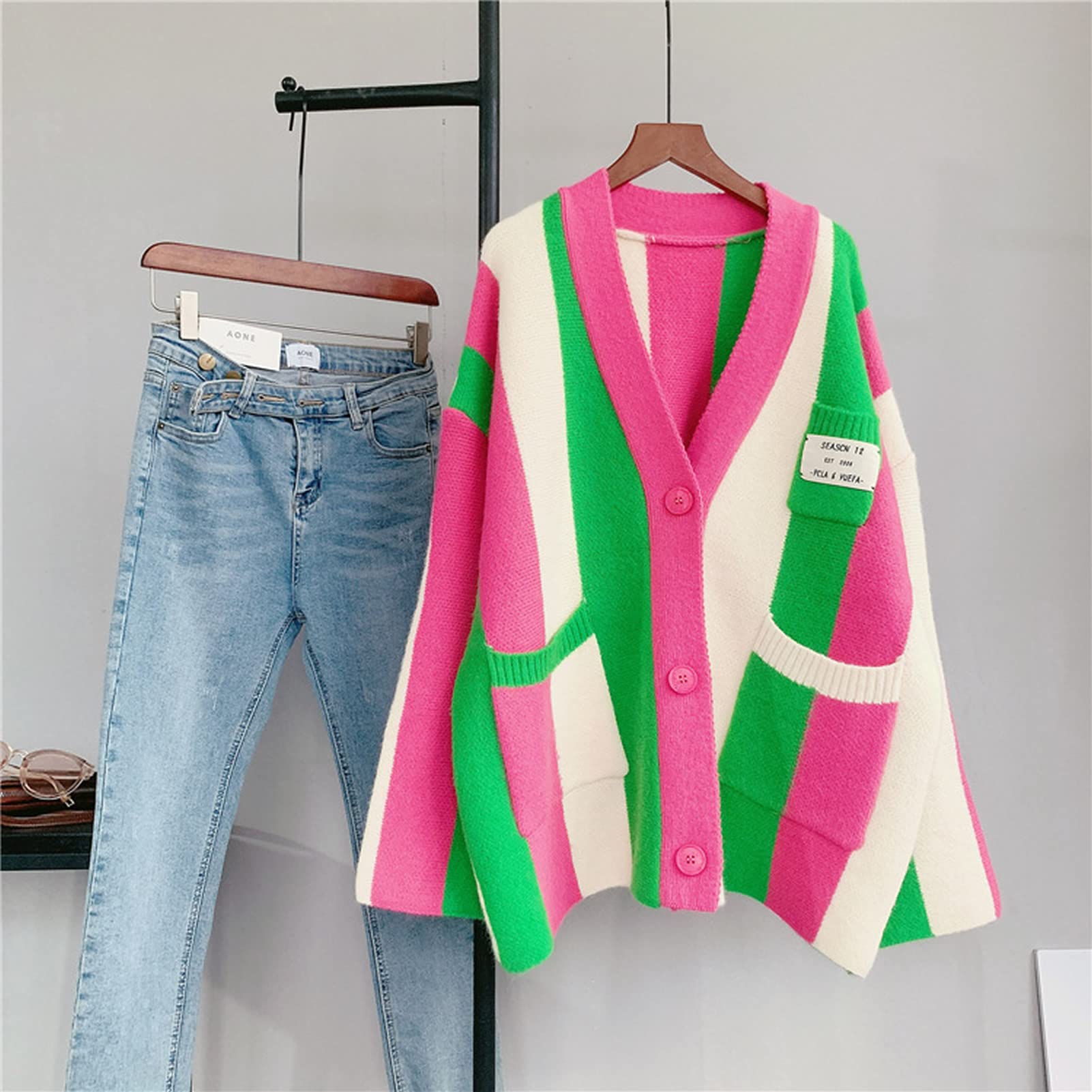 Women's Long Sleeve Cable Knit Color Block Boho Striped Sweater Cardigan - Cozy Fall Winter Pullover for Casual Outfits, Office Wear & Coffee Dates