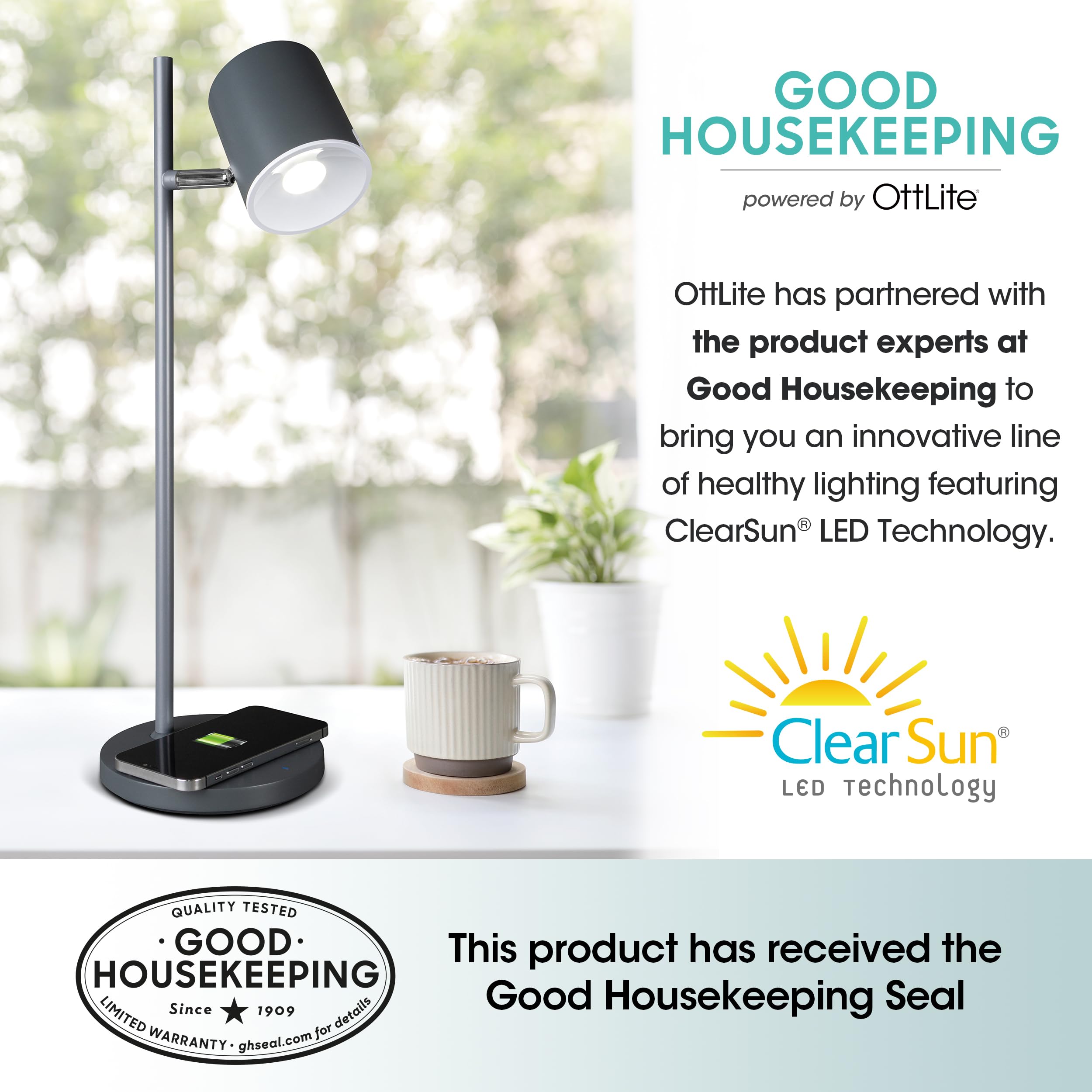 OttLite Good Housekeeping Modern LED Desk Lamp with Wireless Charger - Adjustable Dimmable Reading Light for Home Office, Study & Bedroom - Reduces Eyestrain, Perfect as Book Light & Workspace Lighting