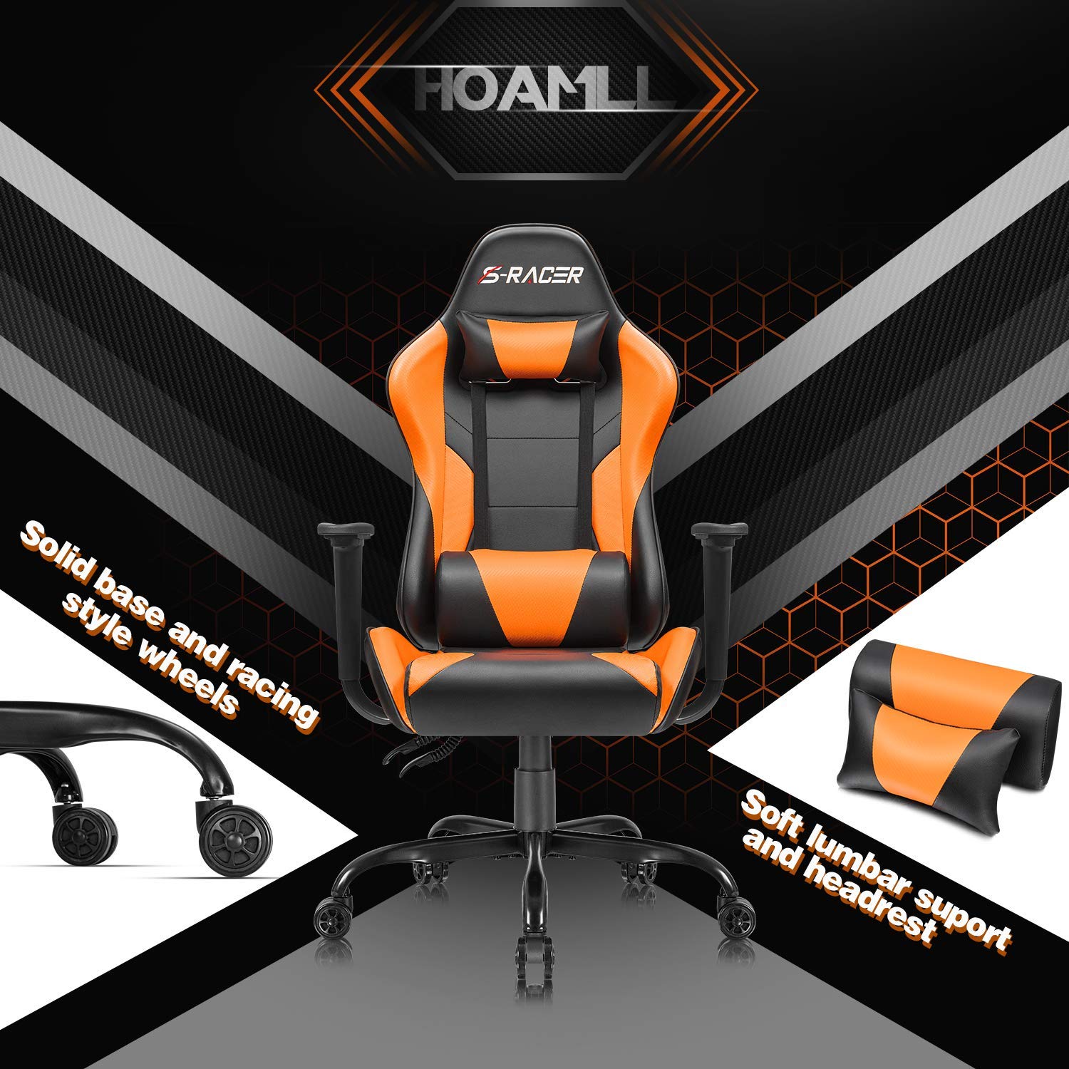 Homall Gaming Office Chair - High Back Ergonomic Computer Desk Chair with Adjustable Height, PU Leather, Headrest & Swivel for Adults (Orange) - Perfect for Gaming, Work & Home Office Use
