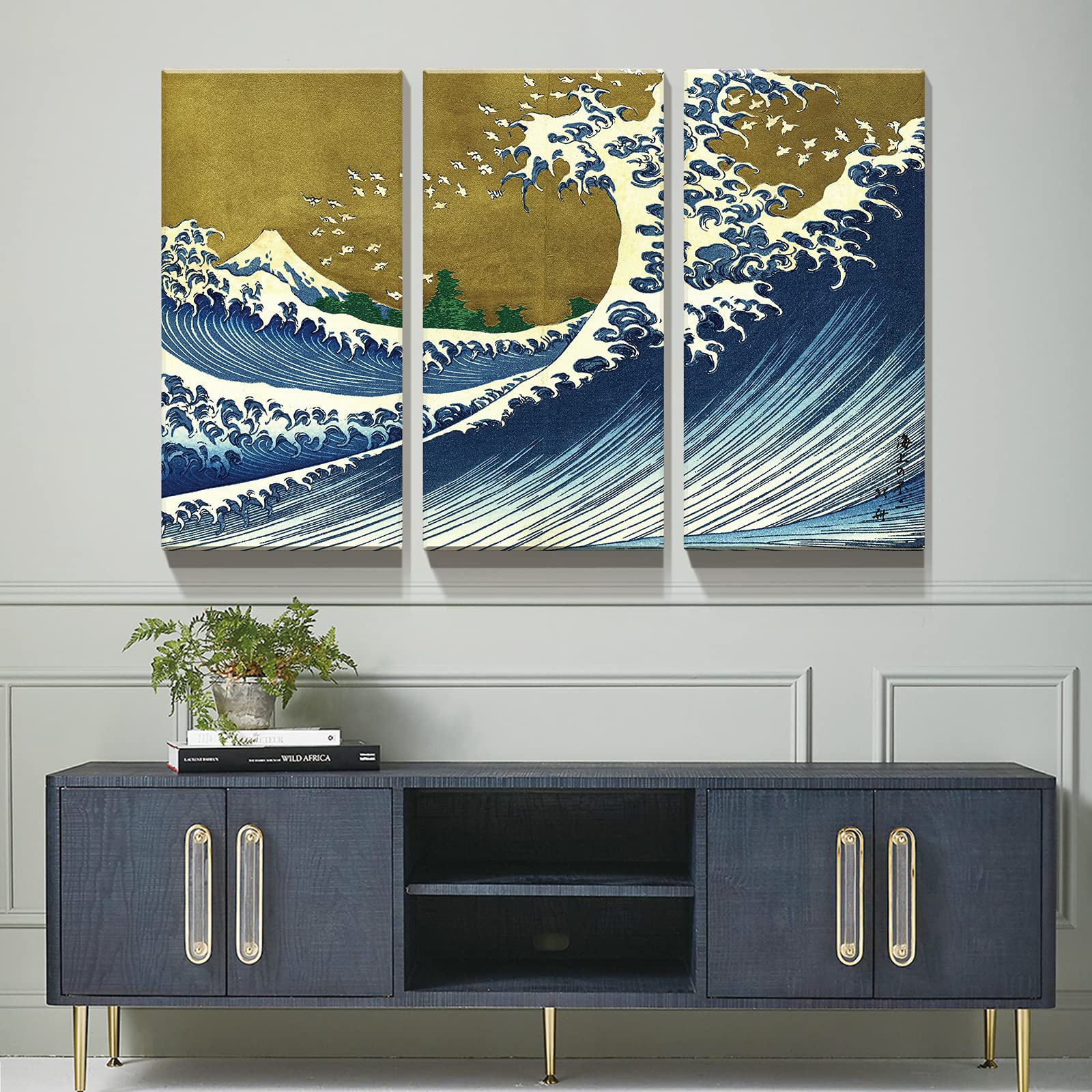 The Great Wave Off Kanagawa Canvas Wall Art - 3 Panel Japanese Ocean Painting Home Decor (20