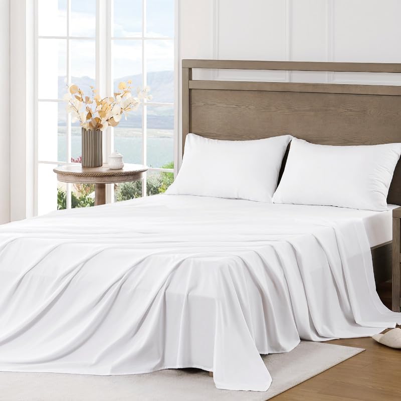 FreshCulture Queen Sheet Set - Ultra Soft Brushed Microfiber Bed Sheets for Queen Size Bed - Deep Pocket Fitted Sheet with Cooling & Breathable Fabric - 4 Piece Luxury Hotel Quality Bedding Set (White) - Perfect for Home, Guest Room, and Vacation Rental Comfort