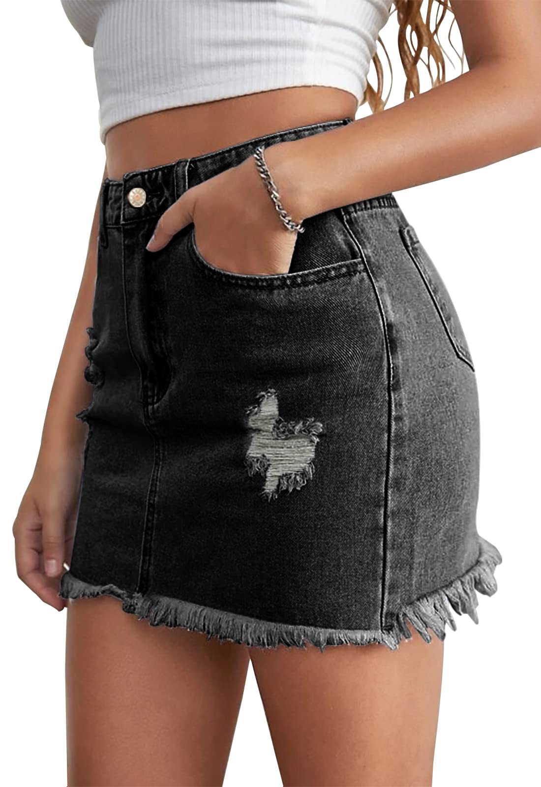 Women's High Waist Stretchy Denim Mini Skirt - Bodycon Washed Frayed Jean Skirt with Pockets | Perfect for Casual Outfits, Night Out & Street Style Fashion