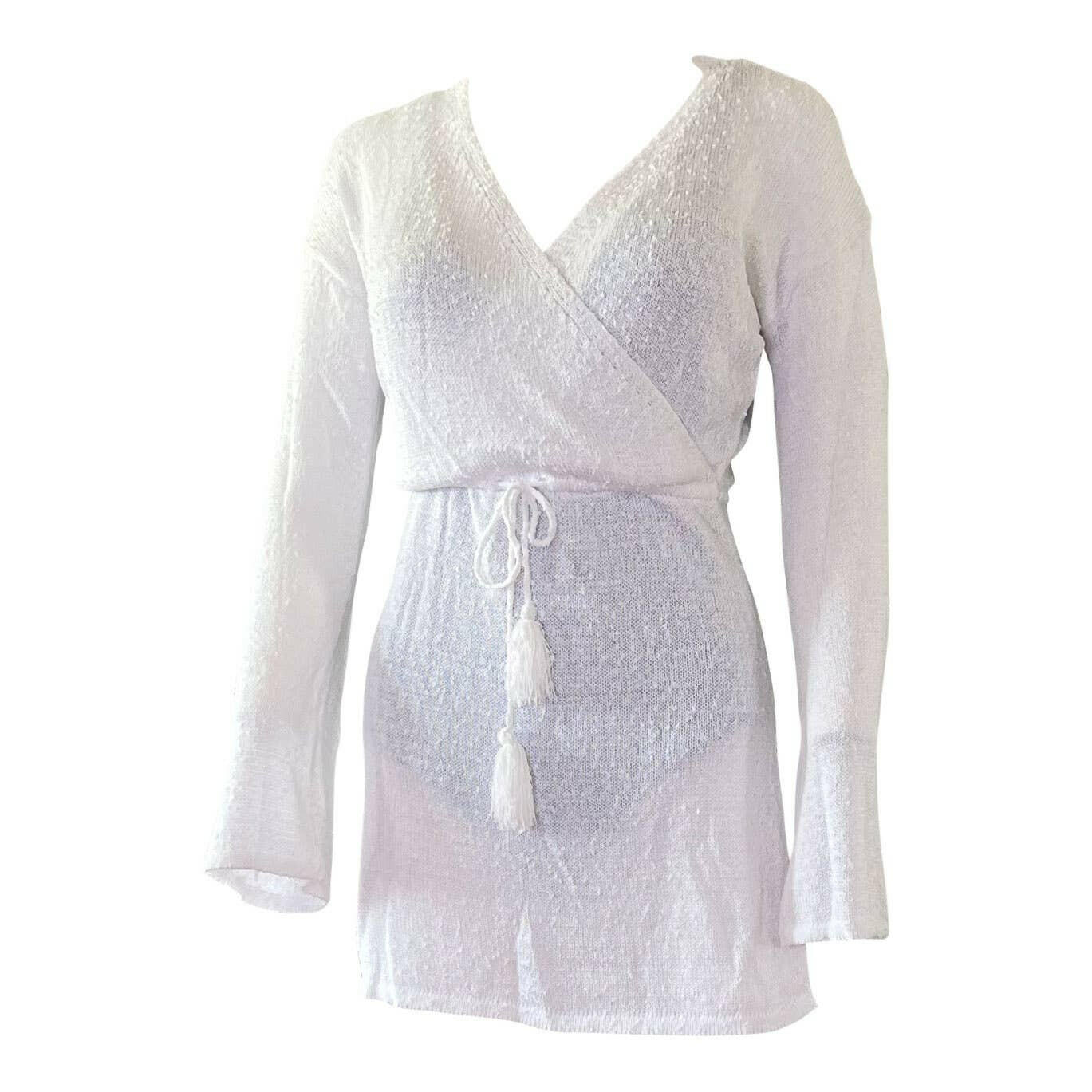 Women's Long Sleeve V-Neck Pullover Sweater - Soft Knit Beach Cover Up with Waist Tie - White Casual Loungewear for Vacation & Seaside Outings