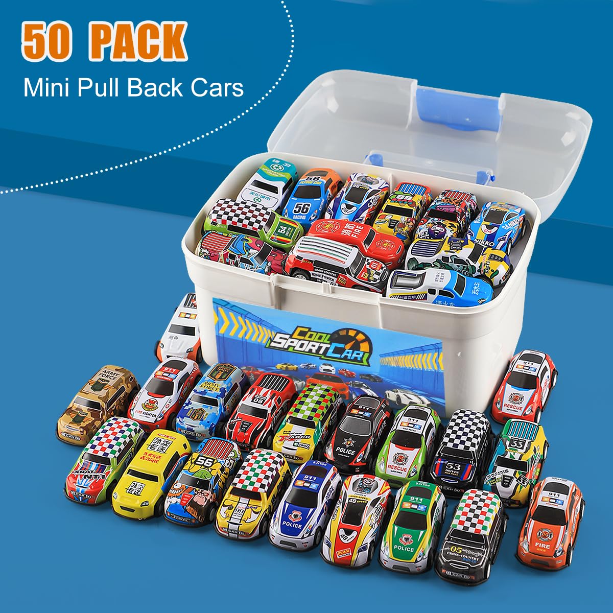 Mostop 50PCS Pull Back Toy Cars Set - Friction Powered Mini Race Cars with Storage Box for Kids 3+ Years Old | Fun Push & Go Vehicles for Boys & Girls | Perfect Birthday Party Gifts & Playtime Activities