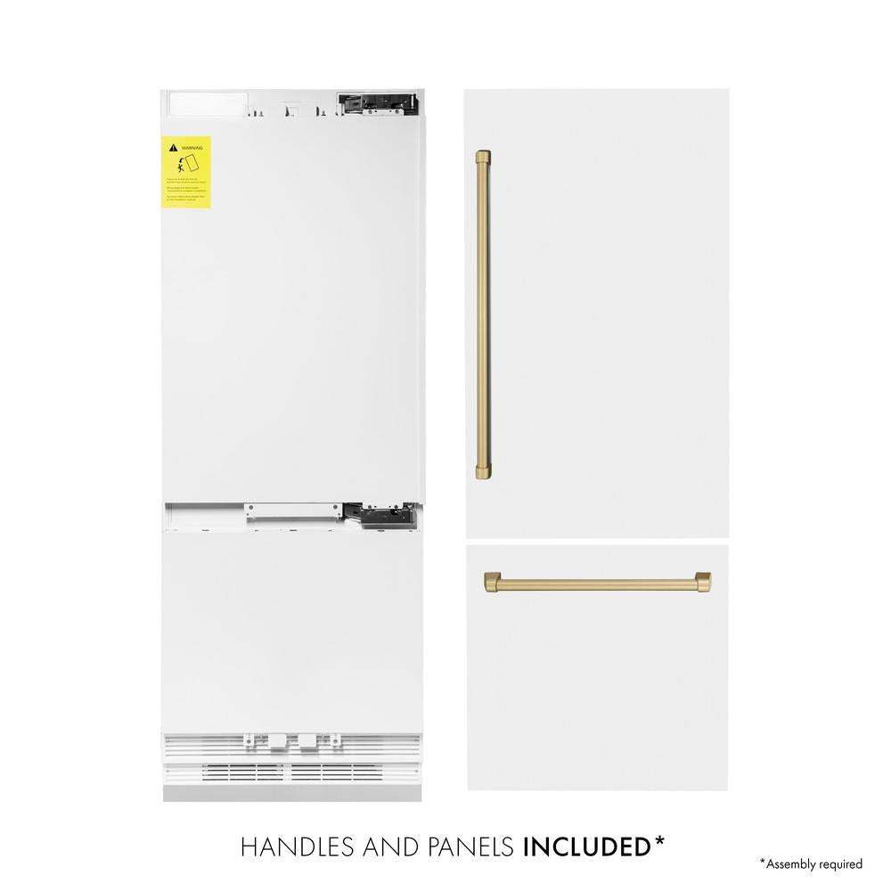 ZLINE Autograph Edition 30 Inch Built-In Bottom Freezer Refrigerator - 16.1 cu ft Capacity, Water Dispenser & Ice Maker - White Matte Finish with Champagne Bronze Accents (RBIVZ WM 30 CB) - Perfect for Modern Kitchens, Open-Concept Homes & Luxury Appliances Collection