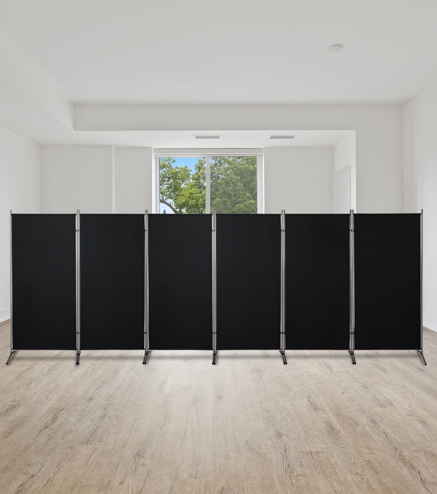 6 FT Tall 6-Panel Woven Room Divider - Double Hinged Freestanding Privacy Screen for Home & Office - Black Folding Partition for Bedroom, Living Room, and Workspace