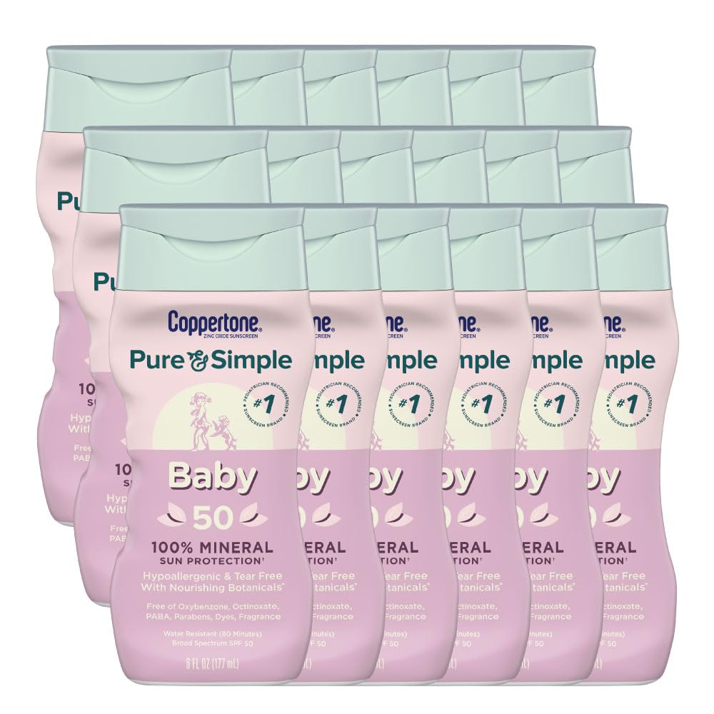 Coppertone Pure & Simple SPF 50 Mineral Sunscreen Lotion with Zinc Oxide - Tear-Free, Water-Resistant, Broad Spectrum UVA/UVB Protection - 6oz (Pack of 18) - Gentle for Baby Skin, Perfect for Beach, Pool & Outdoor Activities