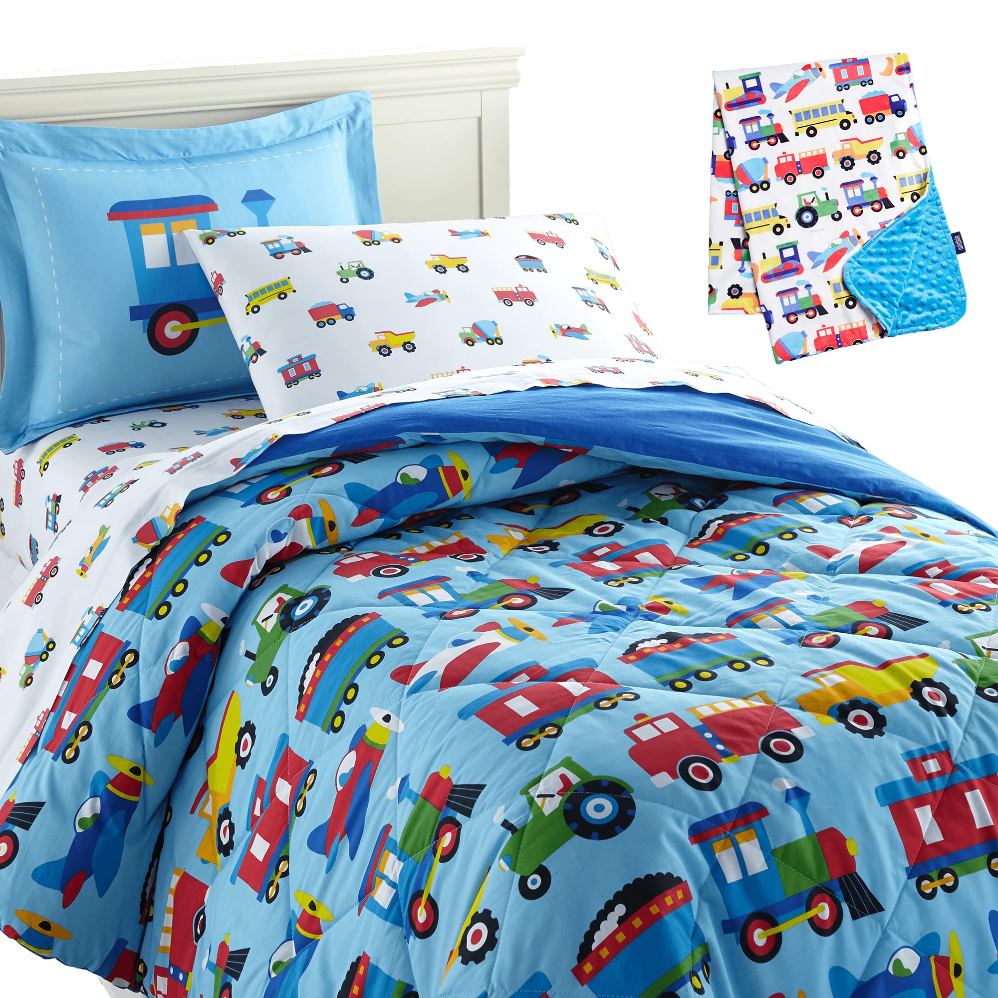 Wildkin Soft Plush Blanket Set - 5 Piece Twin Bed in a Bag with 100% Cotton Cover (Trains, Planes & Trucks Design) - Perfect for Kids' Bedroom, Nursery, Travel & Sleepovers