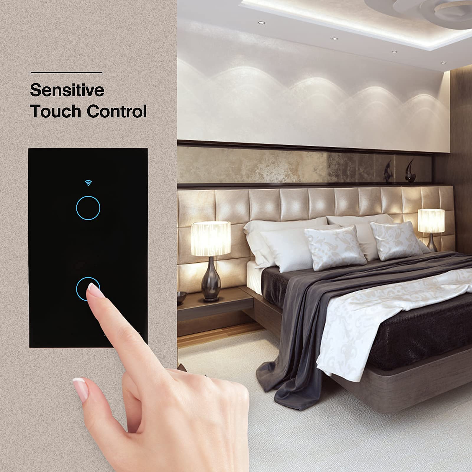 WiFi Smart Light Switch 2 Gang - US Standard Touch Panel Wall Switch with Timer, Single Pole, Tempered Glass (Black) - Perfect for Smart Homes, Bedrooms & Living Rooms