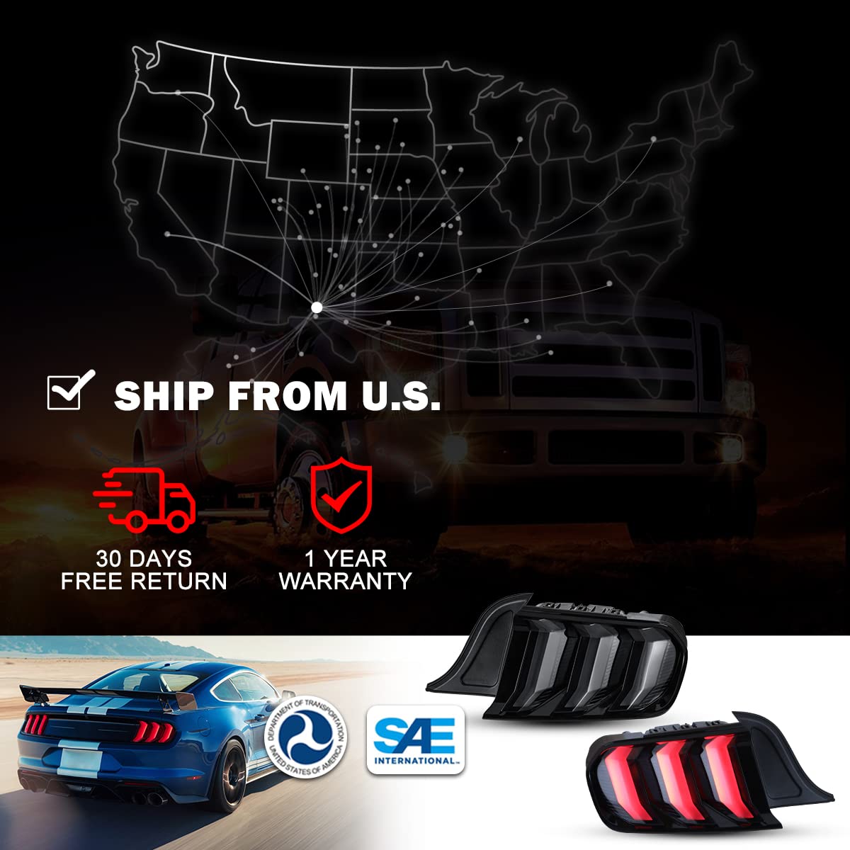 Winjet LED Tail Lights Assembly for 2015-2020 Ford Mustang - Full LED Sequential Turn Signal Lights (Smoke) - Driver & Passenger Side Replacement - Upgrade Your Mustang's Style & Visibility for Night Driving & Car Shows