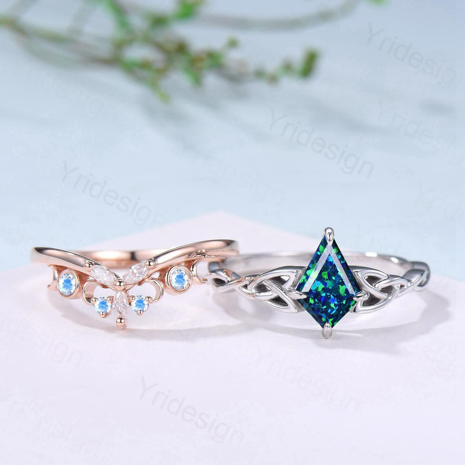 Viking Kite Blue Opal Engagement Ring Set - Unique Celtic Love Knot October Birthstone Promise Ring - Butterfly Moonstone Stacking Band for Women - Perfect for Weddings, Anniversaries & Romantic Gifts