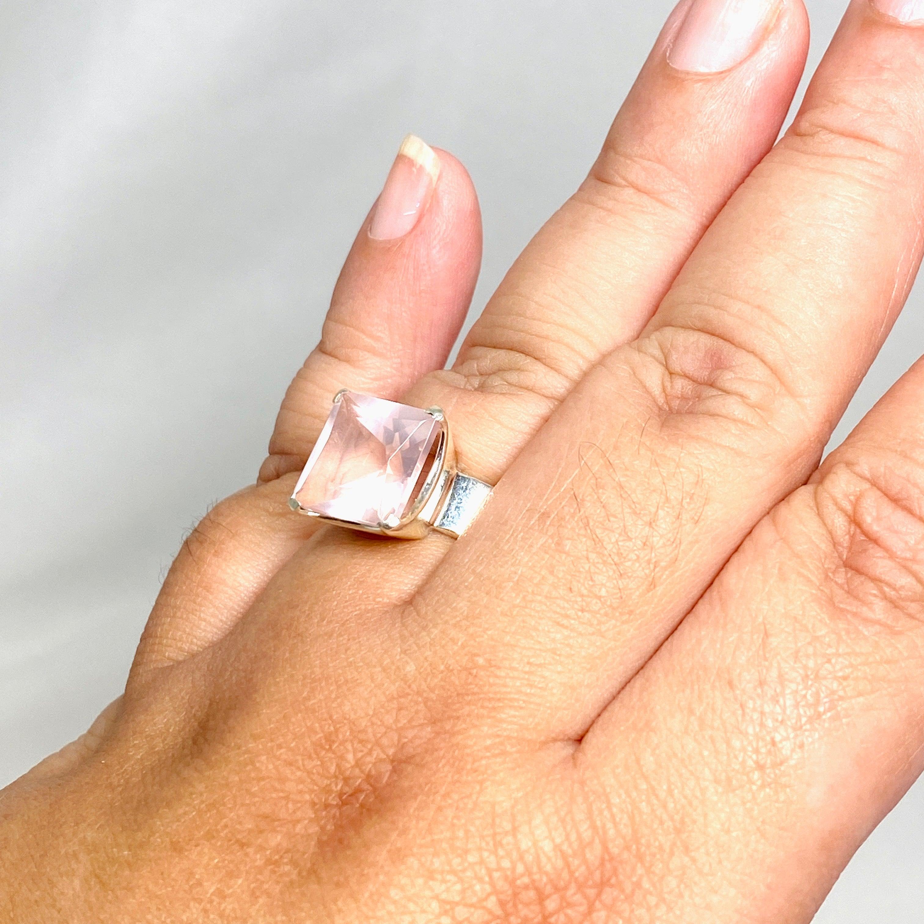 Rose Quartz Faceted Square Ring Size 11.5 PRGJ427 - Elegant Healing Crystal Jewelry for Women, Perfect for Meditation, Yoga & Spiritual Gifts