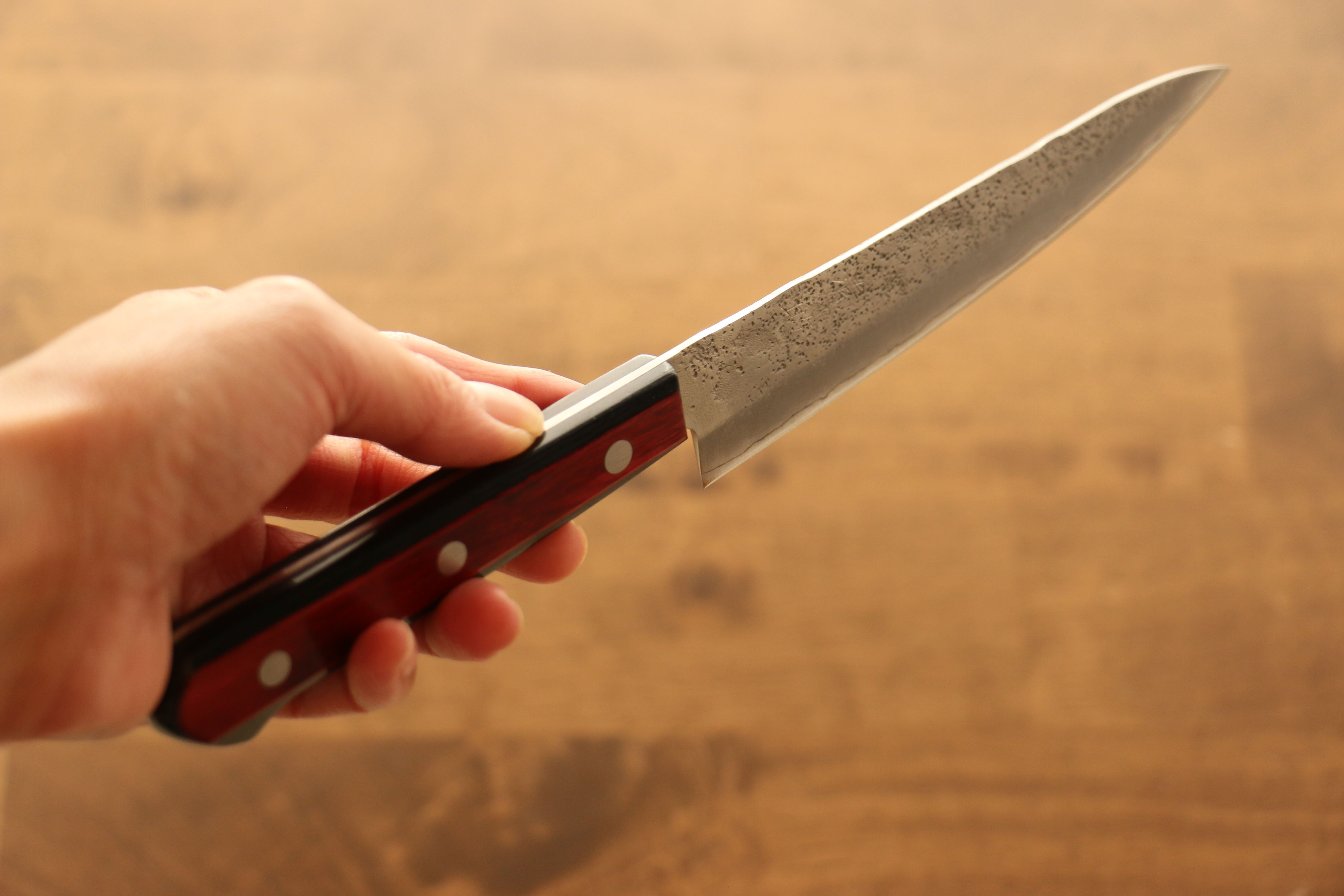 Seisuke Silver Steel No.3 Nashiji Petty Utility Knife 135mm - Red Pakka Wood Handle - Japanese Kitchen Knife for Slicing, Peeling & Precision Cutting - Perfect for Home Chefs & Professional Kitchens