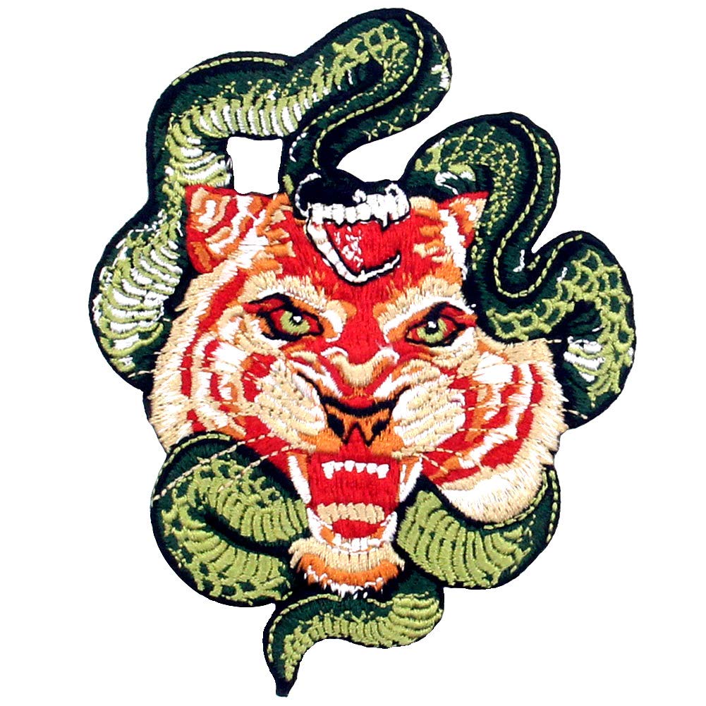 Roaring Tiger and Snake Embroidered Patch - Iron On & Sew On Emblem for Jackets, Hats, Bags - DIY Clothing Accessories for Cosplay, Bikers, Fashion