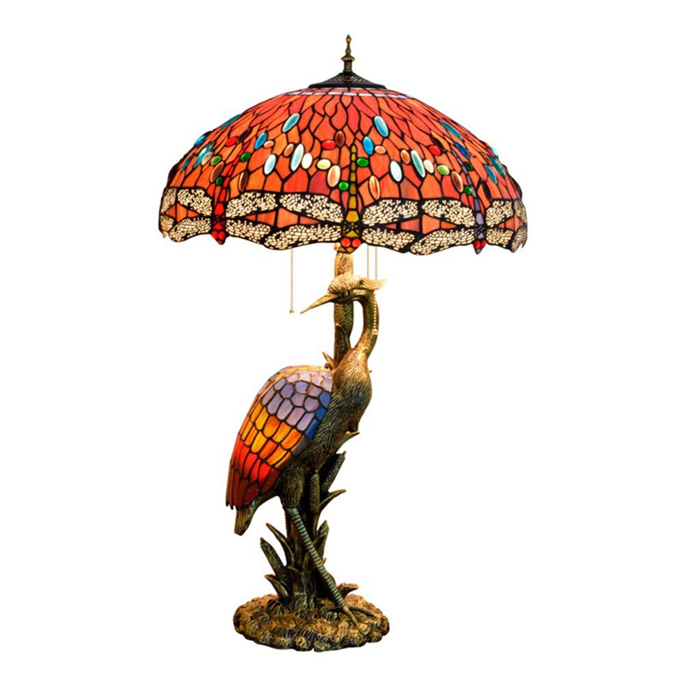 Luxury Stained Glass Table Lamp - 20-Inch Bedside Light with 4 Bulbs, Red-Crowned Crane Design for Living Room, Bedroom, or Nightstand - Perfect for Reading, Relaxing & Home Decor