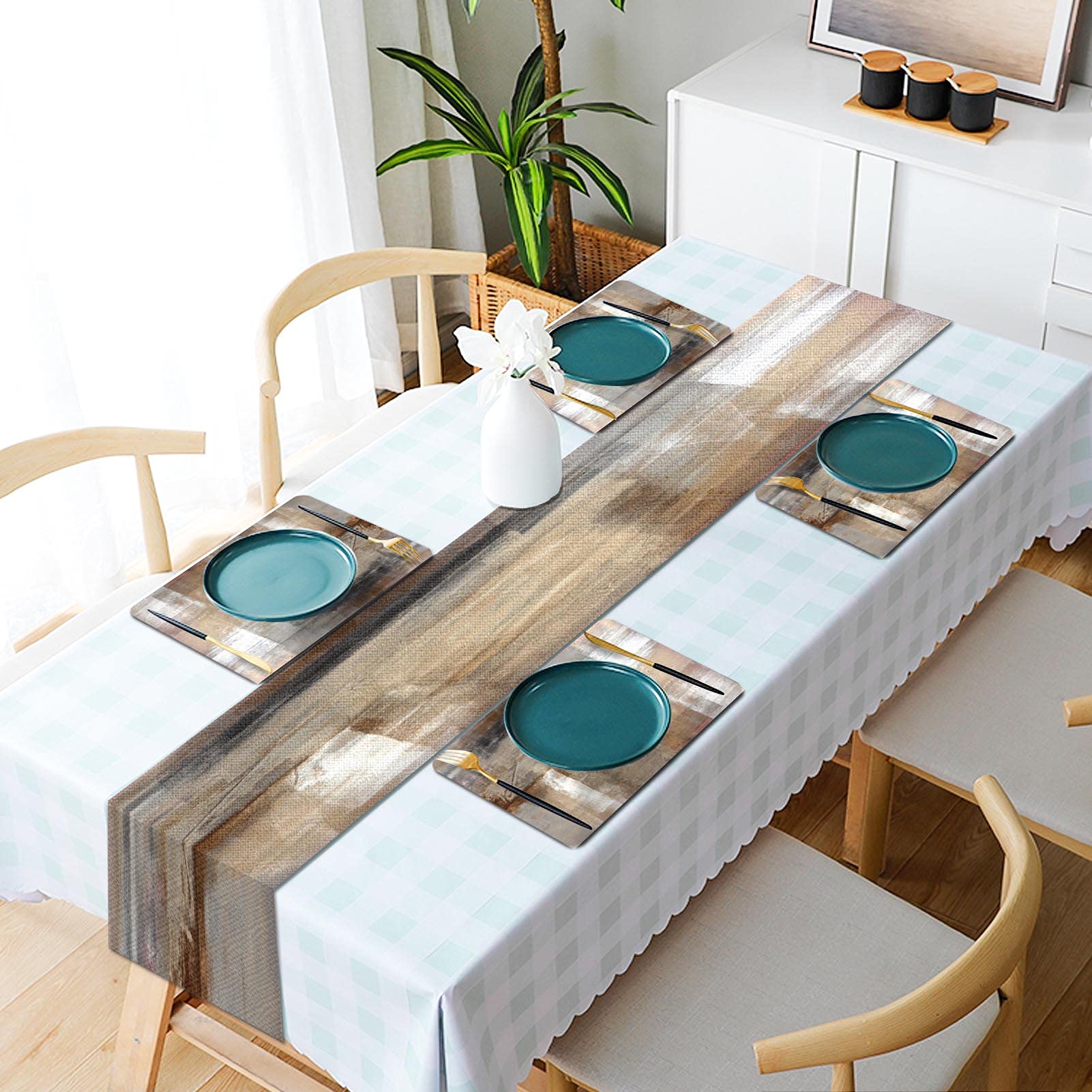 Mcalk Brown Table Runner and 6-Piece Beige Placemats Set - Modern Abstract Art Linen Table Mats for Kitchen & Dining Room - Washable & Durable for Everyday Use, Dinner Parties, and Holiday Decor