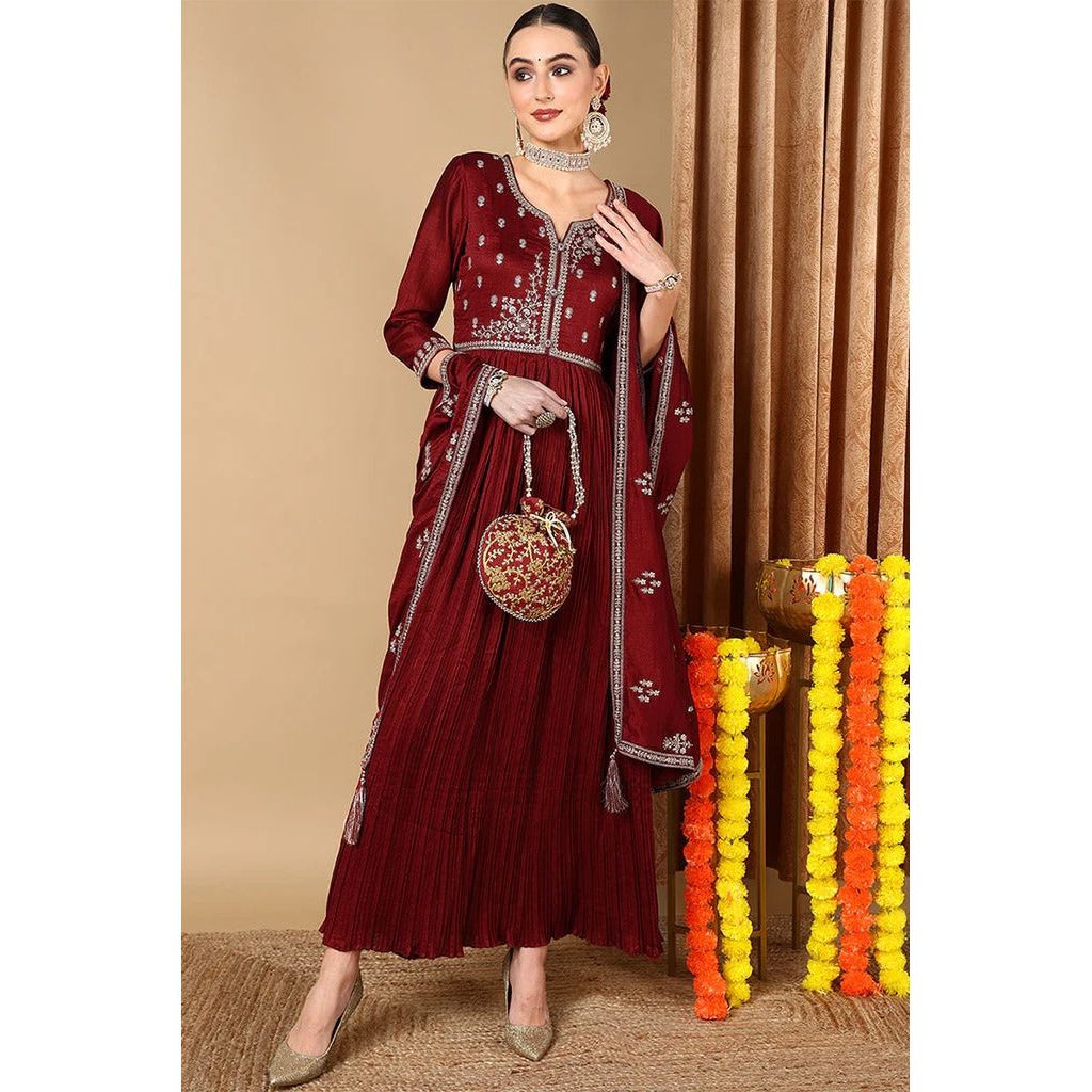 Elegant Maroon Silk Blend Embroidered Anarkali Suit Set for Women | Diwali & Festival Wear | Party, Wedding & Special Occasion Outfit