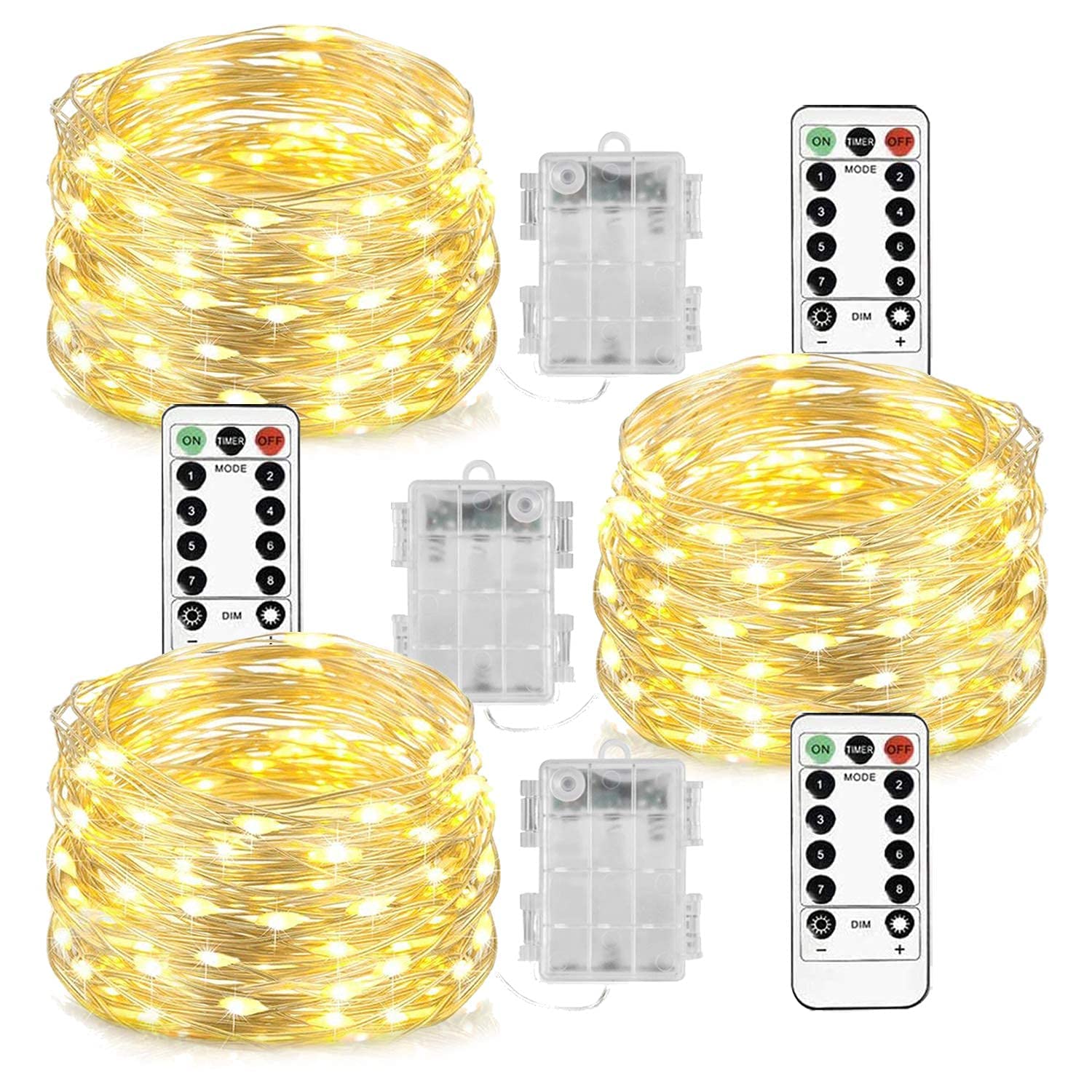 Homemory 3 Pack 100FT Fairy Lights with Remote Control - 8 Lighting Modes, Battery Operated Copper Wire String Lights for Halloween, Christmas, Valentine's Day Decor - Indoor Outdoor Waterproof Warm White Twinkle Lights for Bedroom, Garden, Party, Wedding