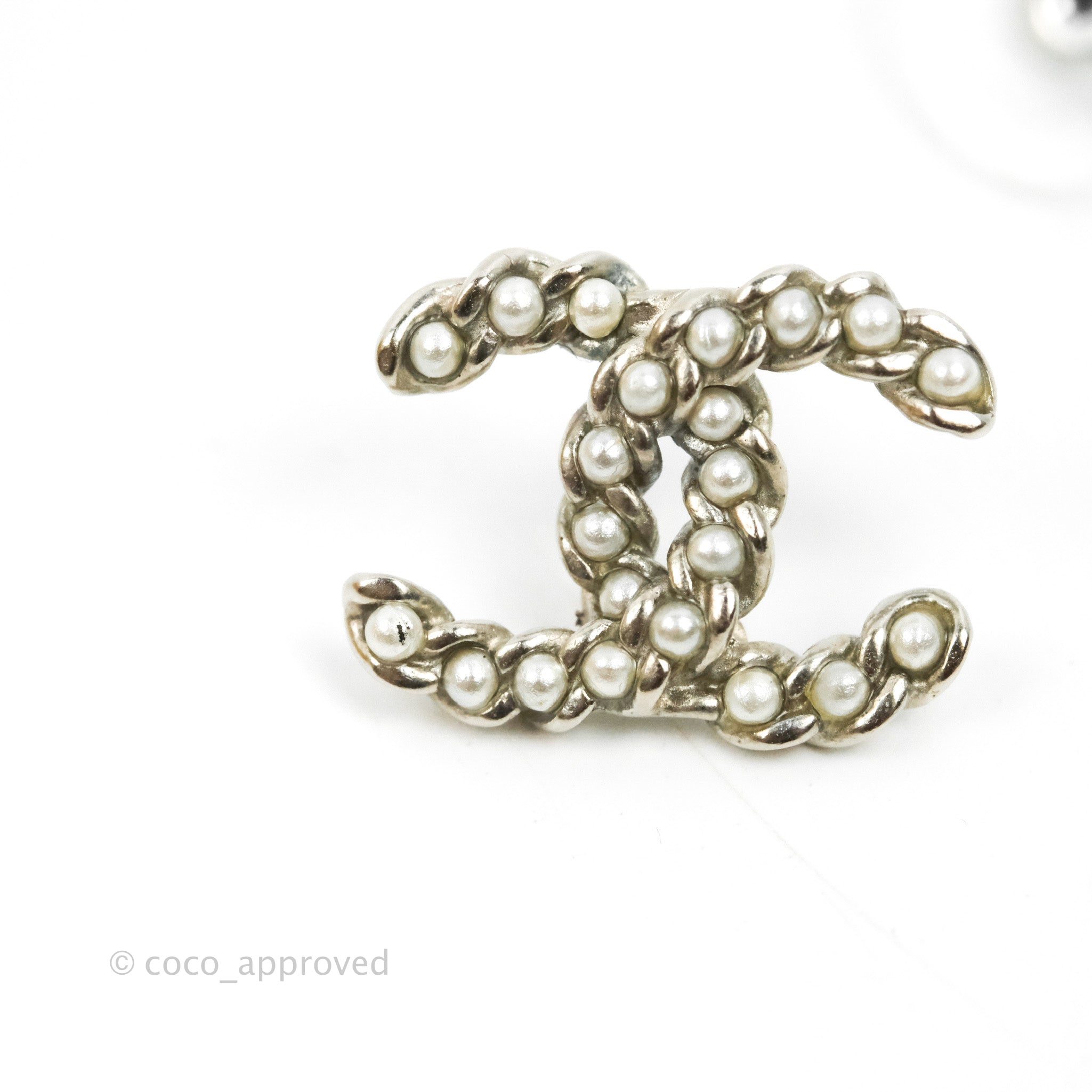 Chanel CC Pearl Earrings with Silver Hardware - Elegant 15P Pearl Stud Earrings for Women | Perfect for Weddings, Parties & Special Occasions