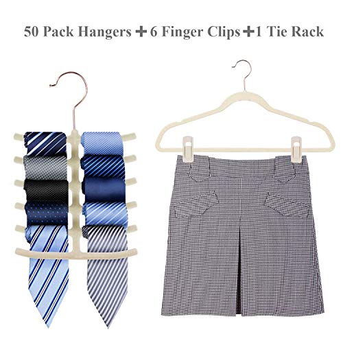 Premium Velvet Suit Hangers 50 Pack - Heavy Duty Non-Slip Clothes Hangers with 6 Finger Clips & Tie Rack for Men & Women - Space Saving Wardrobe Organizer for Closet, Suits, Dresses & Coats (Beige)