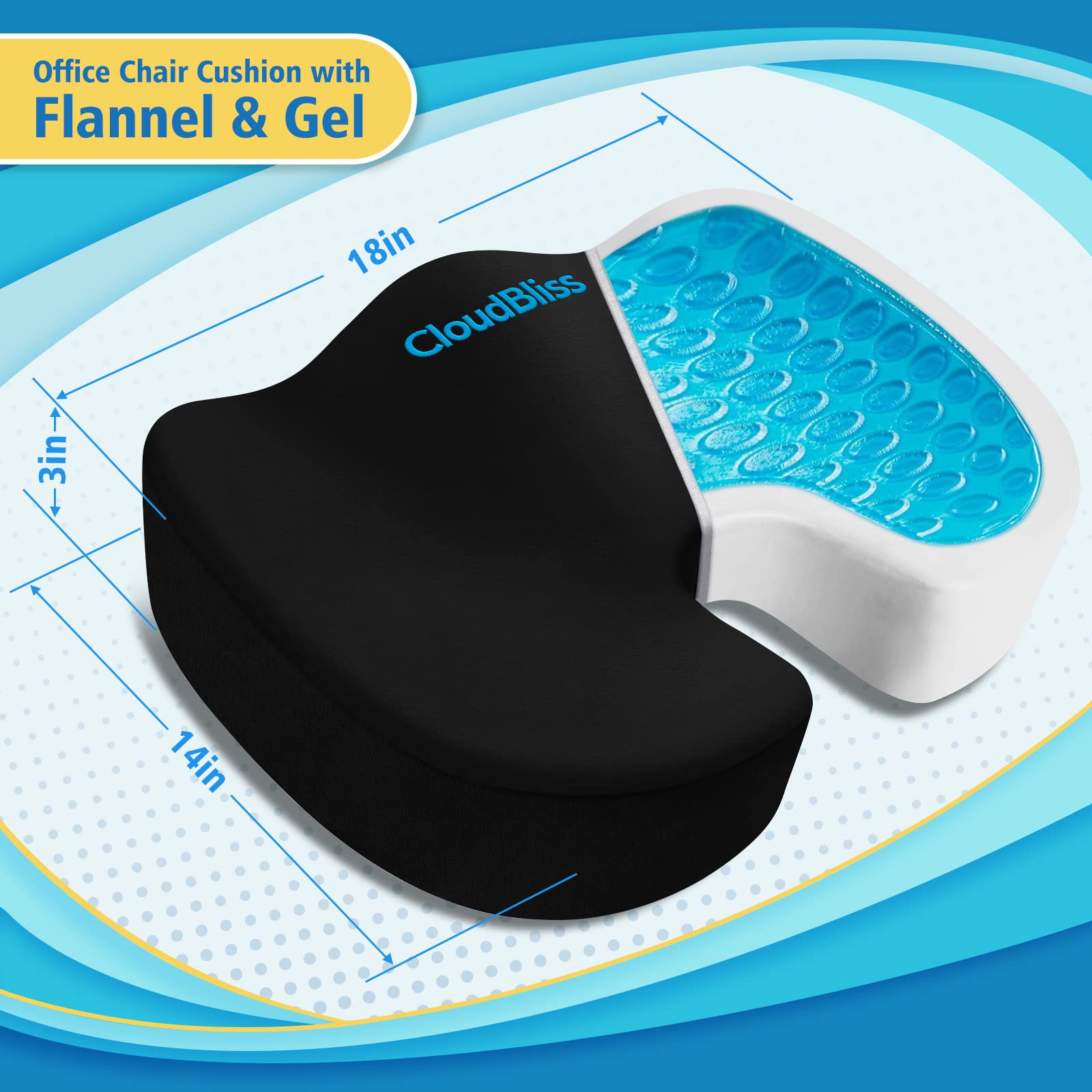 CloudBliss Large Office Chair Seat Cushion with Cooling Gel Memory Foam - Orthopedic Support for Back Pain, Sciatica & Tailbone Relief - Ergonomic Design for Wheelchair, Office, Gaming & Car Use - Black - Perfect for Long Work Hours & Extended Sitting Comfort