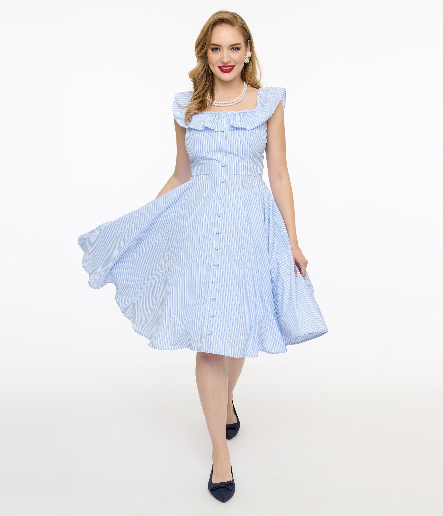 Vintage 1950s Blue & White Stripe Swing Dress - Retro Barbara Dress for Women - Perfect for Cocktail Parties, Tea Dances & 1950s Themed Events