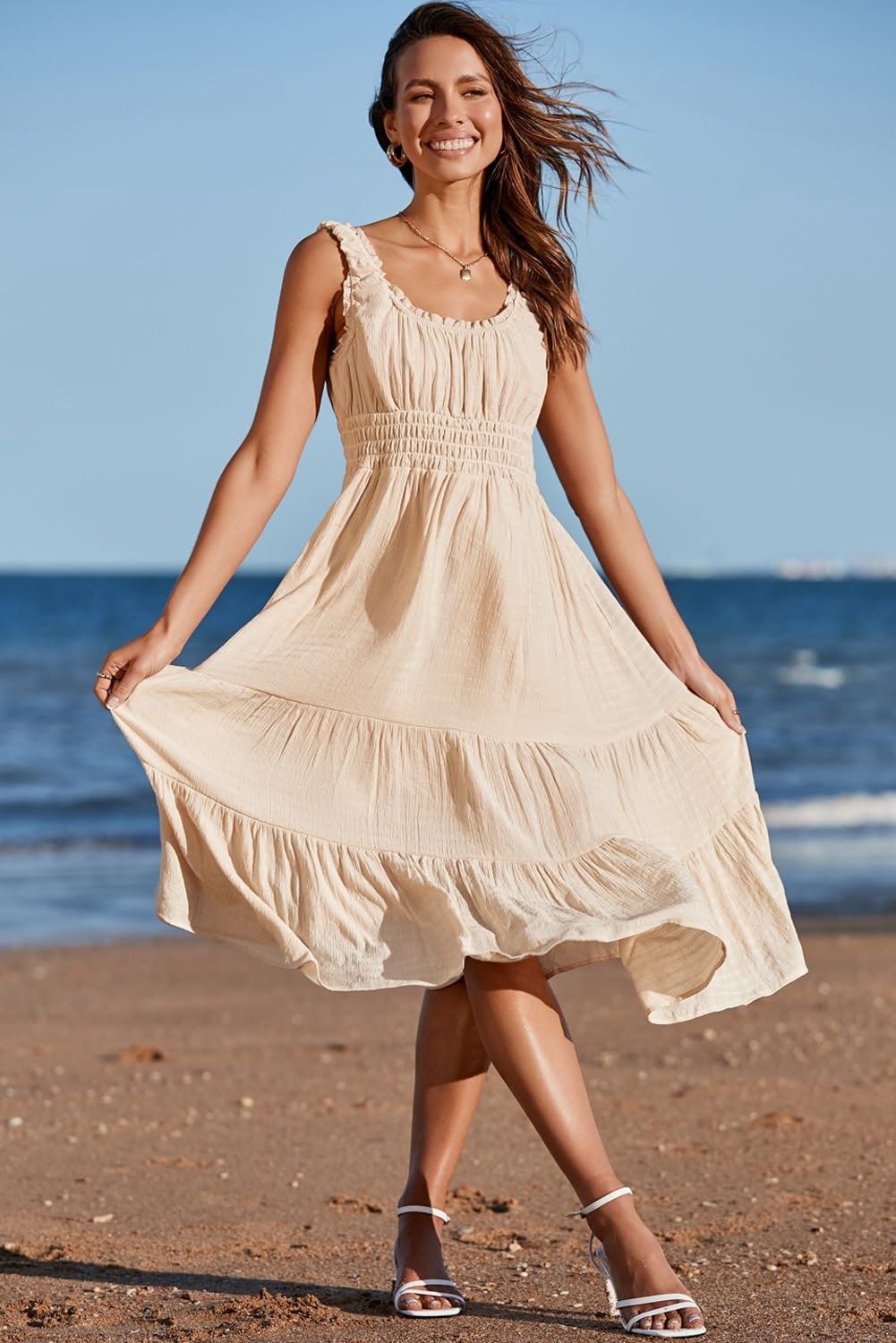 AlvaQ Women's Summer Sleeveless Smocked Midi Dress - High Waist A-Line Sundress with Pockets for Beach, Vacation & Casual Wear | Flowy Tiered Dress for Outdoor Activities & Date Nights