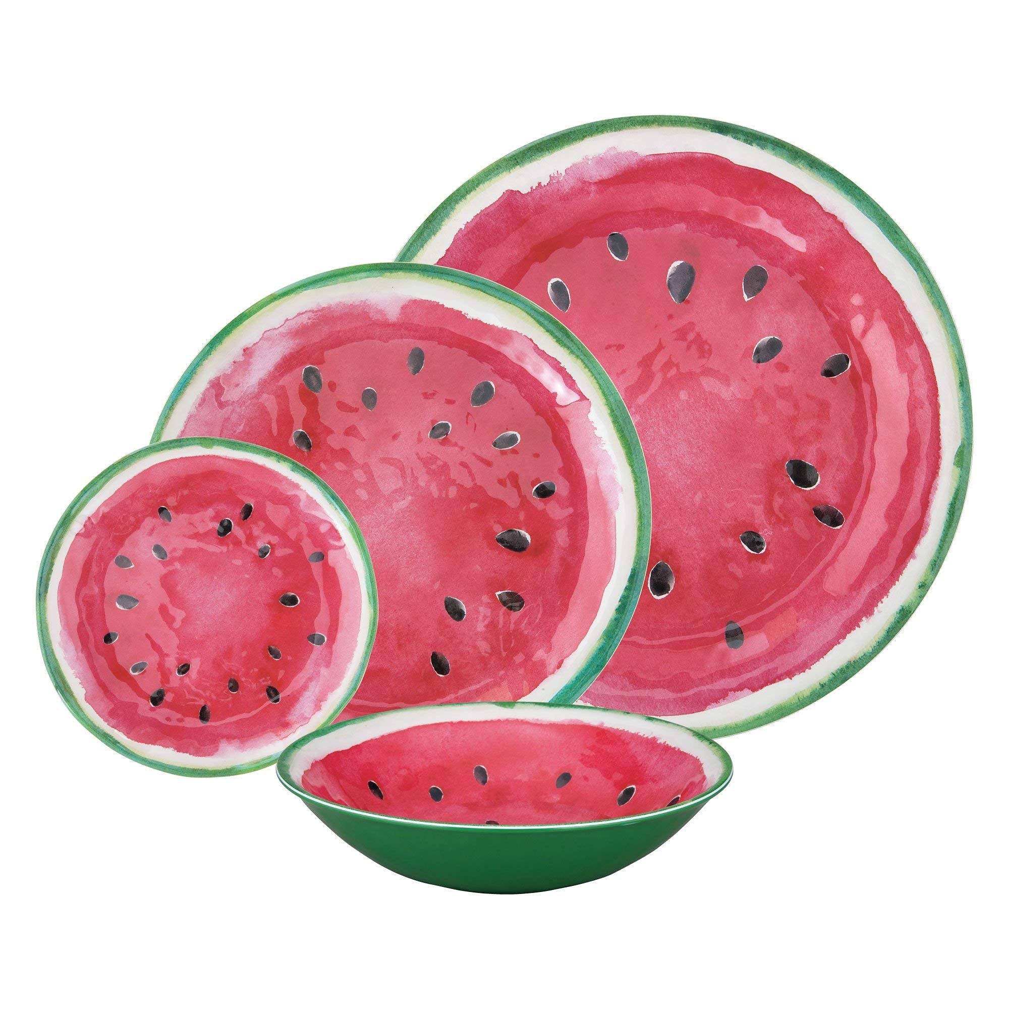 UPware 16-Piece Watermelon Melamine Dinnerware Set - Durable Outdoor Dishes with Plates & Bowls - Service for 4 - Vibrant Red - Perfect for Picnics, BBQs, Pool Parties & Outdoor Dining