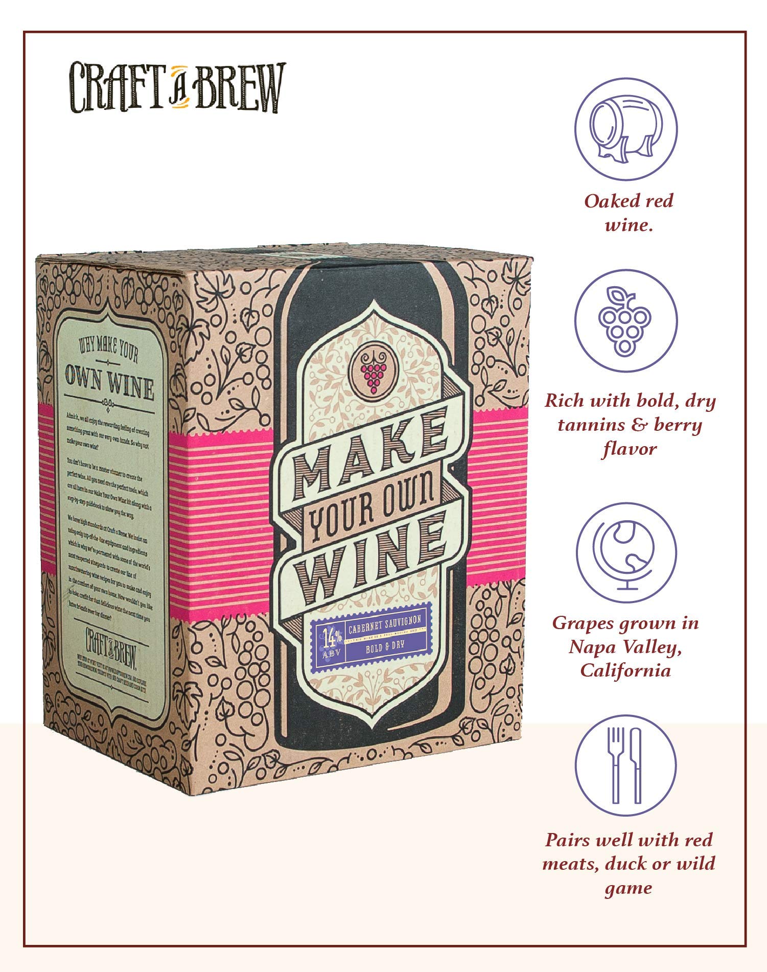 Craft A Brew Home Wine Making Kit – Complete 1 Gallon Cabernet Sauvignon Starter Set with Ingredients & Supplies – Perfect for Beginners – Ultimate DIY Winemaking Experience for Gifts, Parties & Home Brewing Enthusiasts