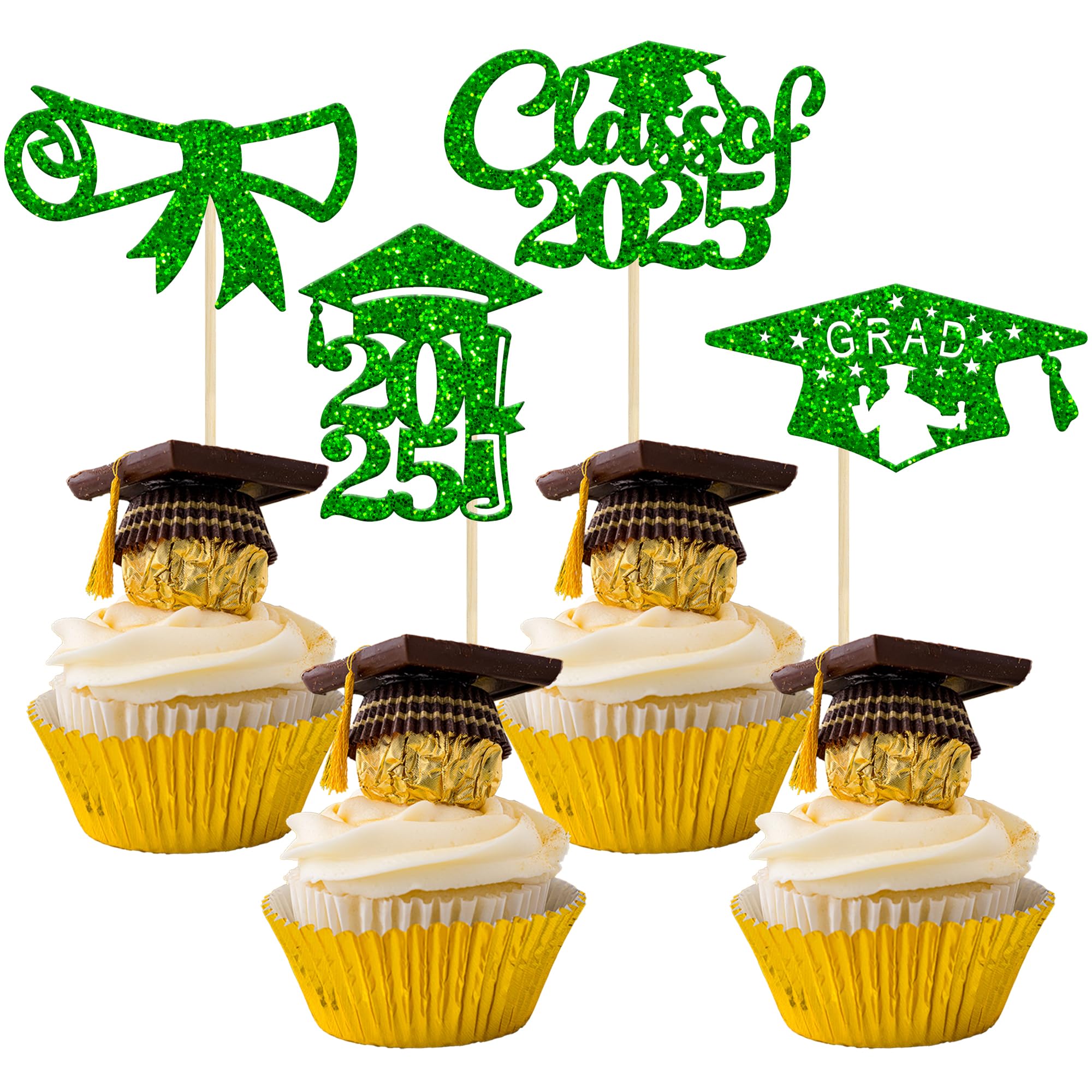 24Pcs Class of 2025 Graduation Cupcake Toppers - Glitter Diploma & Grad Cap Cake Decorations for 2025 Graduation Party Supplies (Green) | Perfect for Graduation Cakes, Cupcakes and Dessert Table Decor