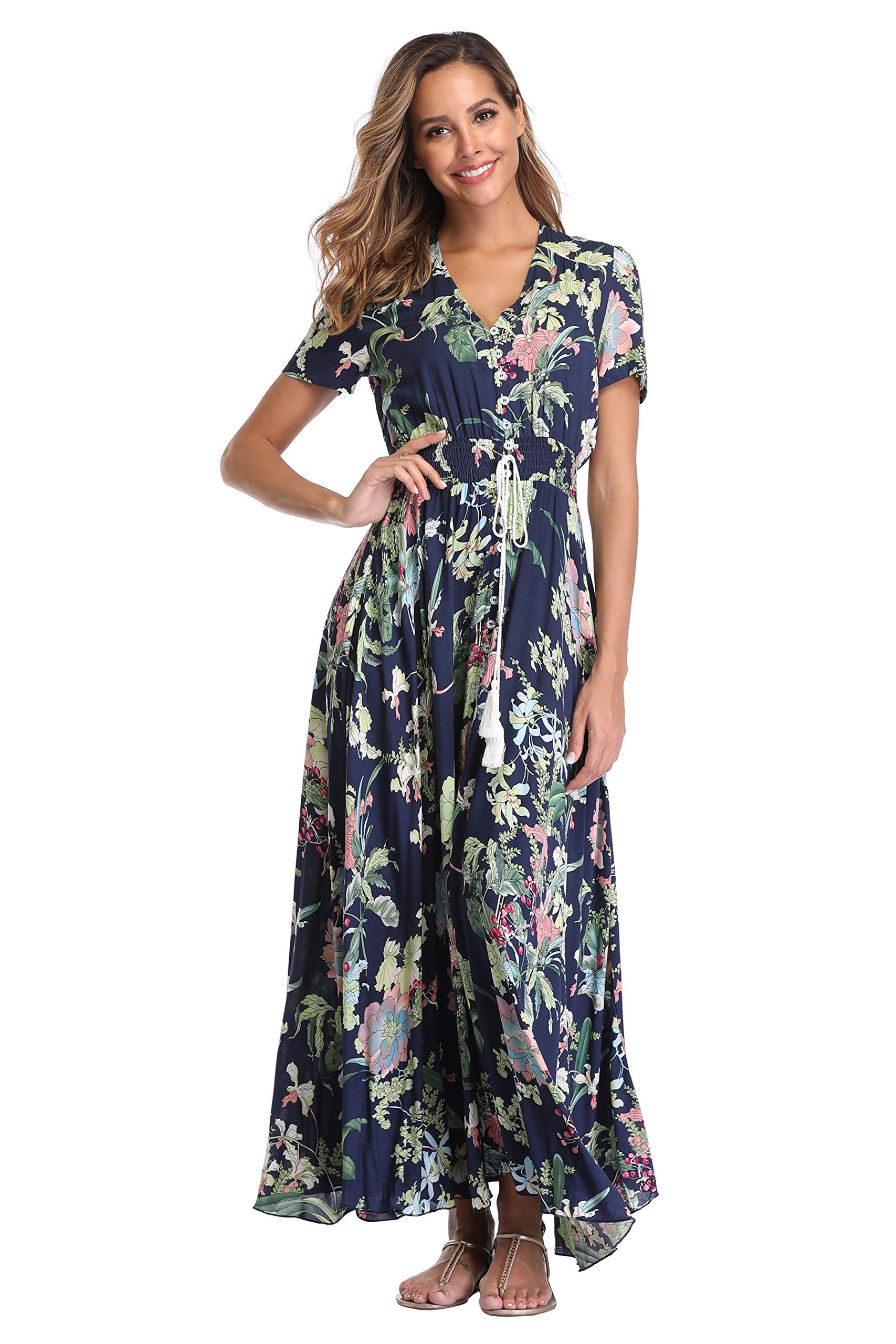 Ferrendo Women's Floral Maxi Dress - Button Up Split Flowy Bohemian Summer Dress for Beach, Party & Vacation | Lightweight Comfortable Sundress for Outdoor Events