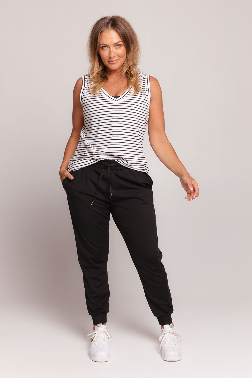 Pocket Tank Top - Black Stripe | Women's Casual Sleeveless Shirt | Perfect for Summer, Gym, and Layering