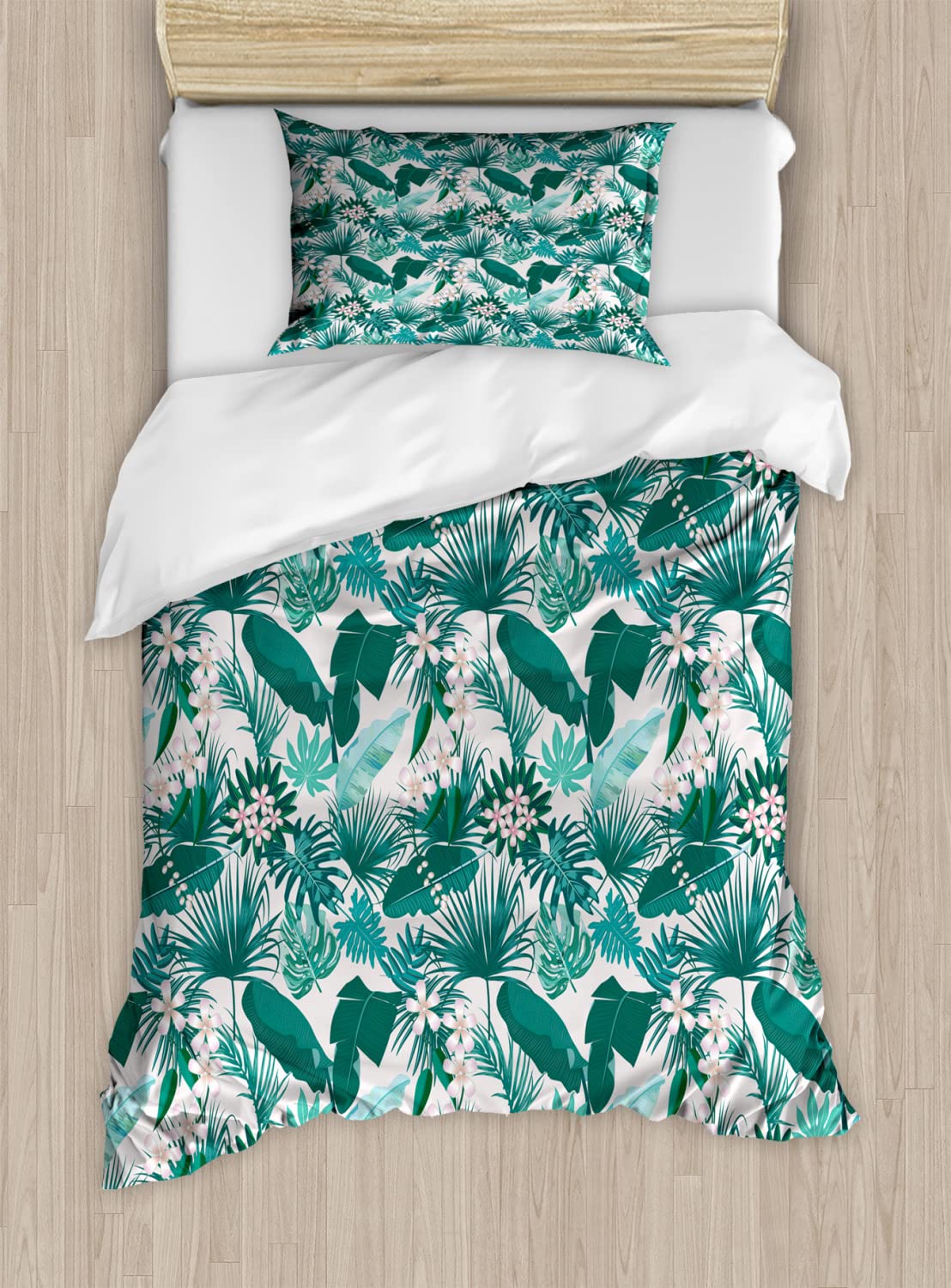 Ambesonne Hawaii Duvet Cover Set - Queen Size 2-Pack with 2 Duvet Covers & 4 Pillowcases, Exotic Tropical Flower & Leaf Design in Teal Seafoam - Perfect for Beach House, Summer Bedroom Decor & Tropical Themed Rooms