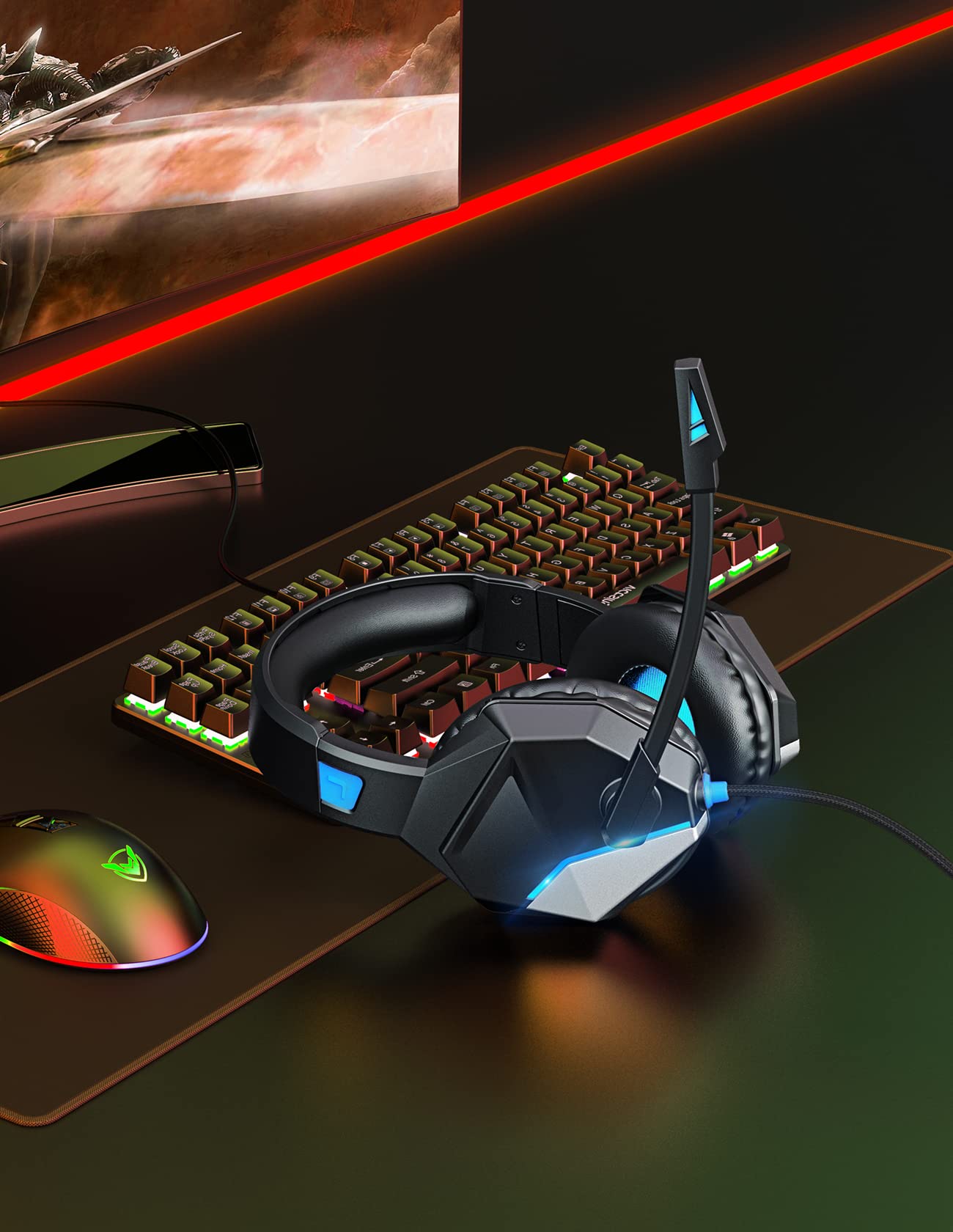 Premium Gaming Headset with Noise Cancelling Mic - Wired Over-Ear Headphones for PC, PS4, PS5, Xbox One & Nintendo Switch - Stereo Bass Surround Sound, LED Lights & Memory Foam Earmuffs - Perfect for Esports, Streaming & Late-Night Gaming Sessions