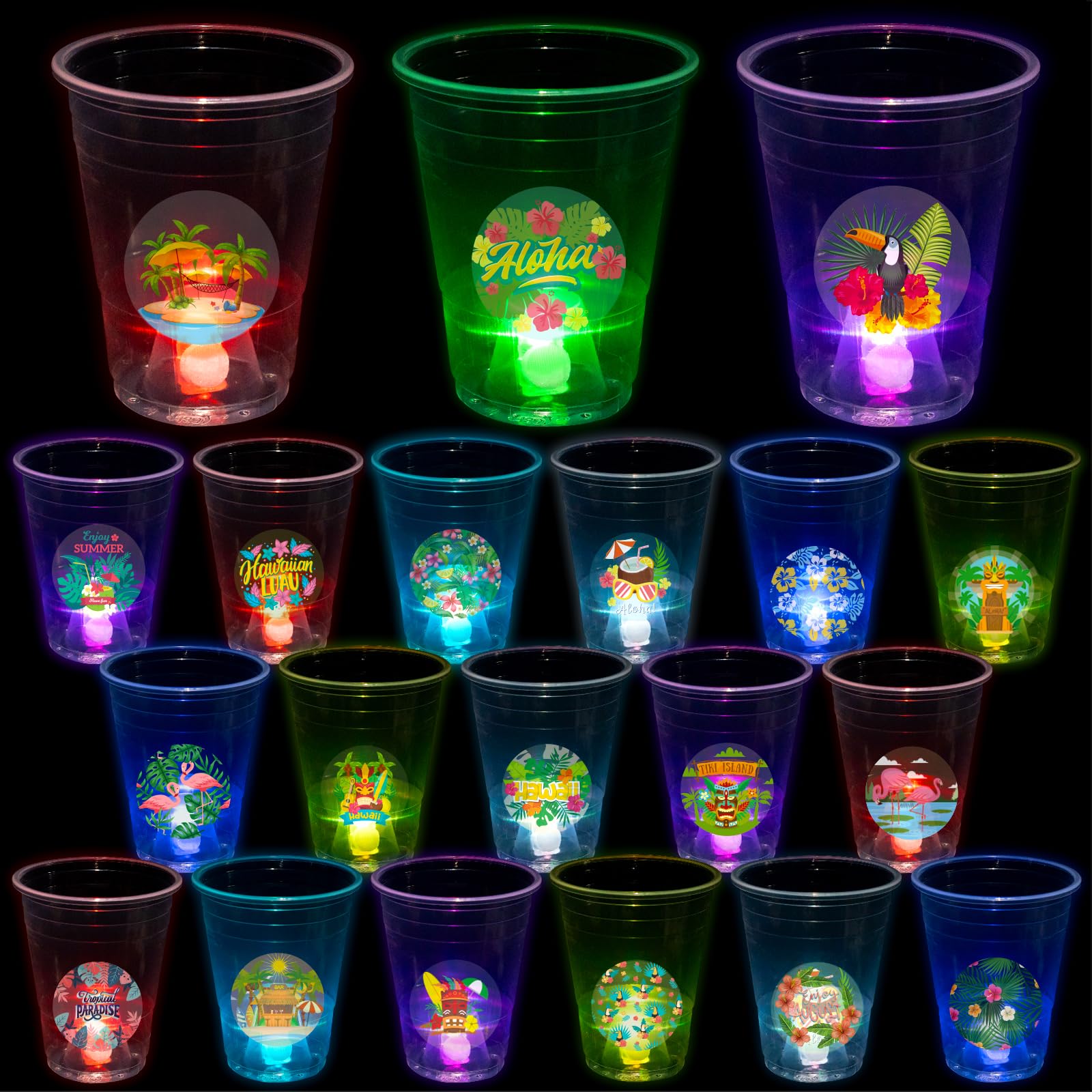 25 Glow in the Dark Plastic Tiki Party Cups - 16oz Hawaiian Luau Cups for Tropical Themed Parties, Birthday Decorations & Moana Celebrations - Perfect for Beach Parties, Poolside Gatherings & Summer Events