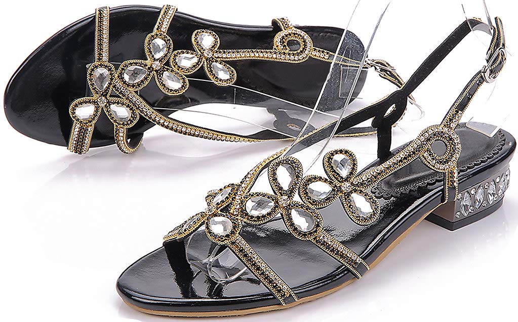 LizFoYa Women's Floral Flat Sandals - Rhinestone Slingback Strap Open Toe Beach Sandals for Summer Vacation, Wedding, Party & Casual Outfits