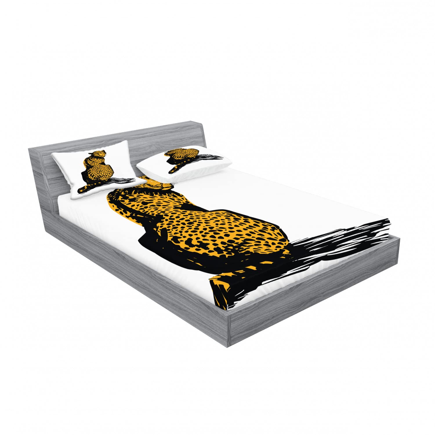 Ambesonne 2-Pack Queen Size Fitted Sheet & Pillow Sham Set - Sketch Leopard Shadow Pattern, 4-Piece Bedding Set (2 Fitted Sheets + 4 Pillow Covers) in Black, White & Marigold | Wild Animal Print Bedroom Decor for Jungle Theme, Safari Nursery or Boho Chic Home