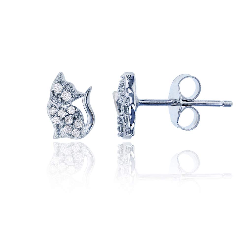 Sterling Silver Rhodium Plated Cat Stud Earrings for Women - Sparkling Micropave Design - Perfect for Gifts, Parties & Everyday Wear