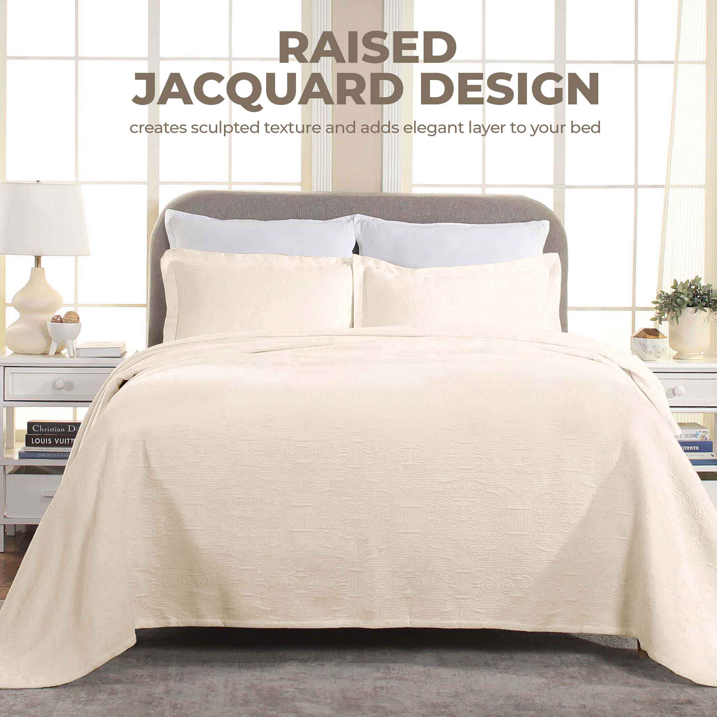 Florin Cotton Matelassé Weave Jacquard Scrolling Medallion Bedspread Set - Luxury Bedding Collection for Master Bedroom & Guest Room Decor